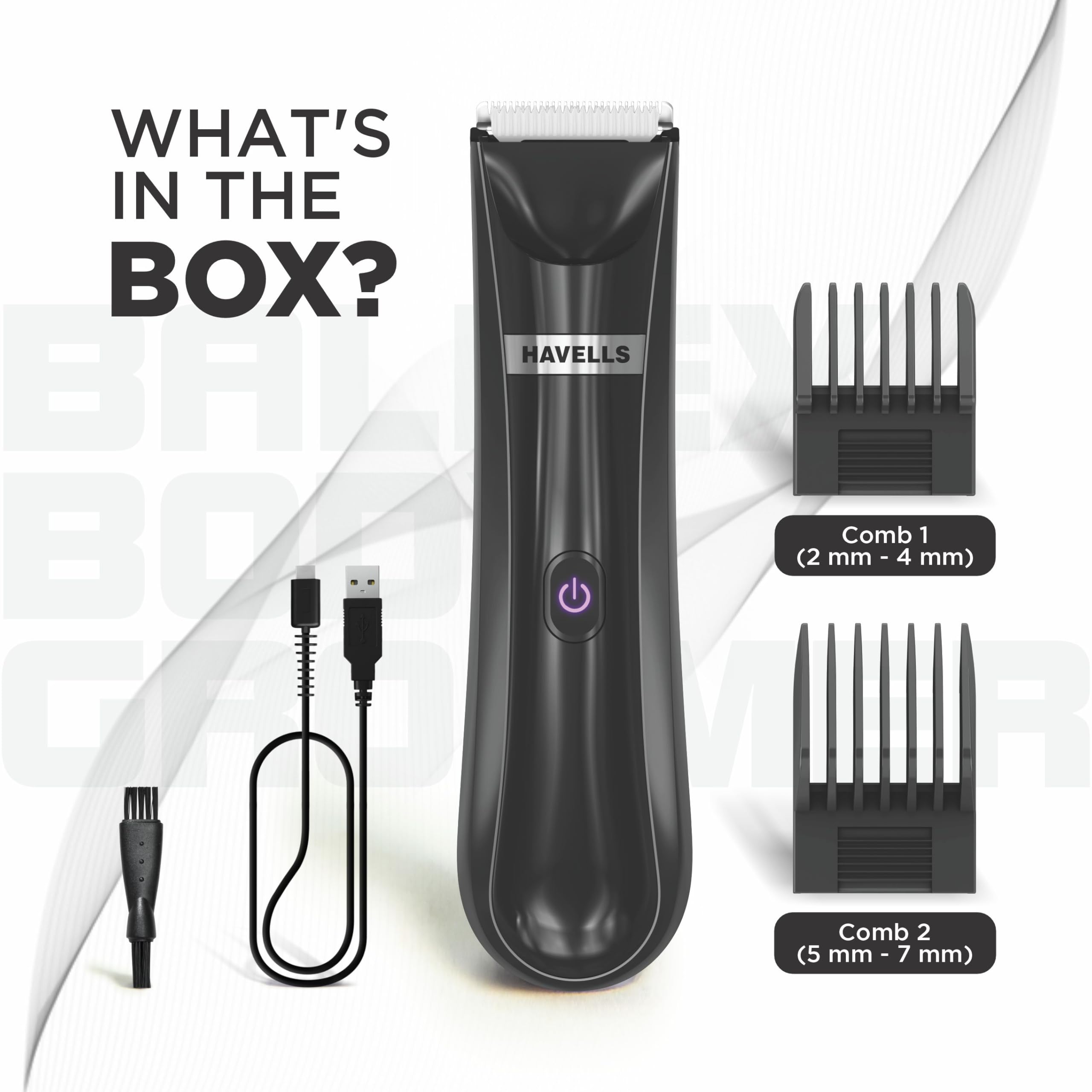 Havells Ballex Body Groomer| Full Body Trimmer For Men|Beard, Body, Balls, Pubic Hair, Private Parts|IPX7 Waterproof|No Nicks & Cuts|1 Hour Non Stop Runtime|USB Type C Fast Charge| Travel Lock| BG3300