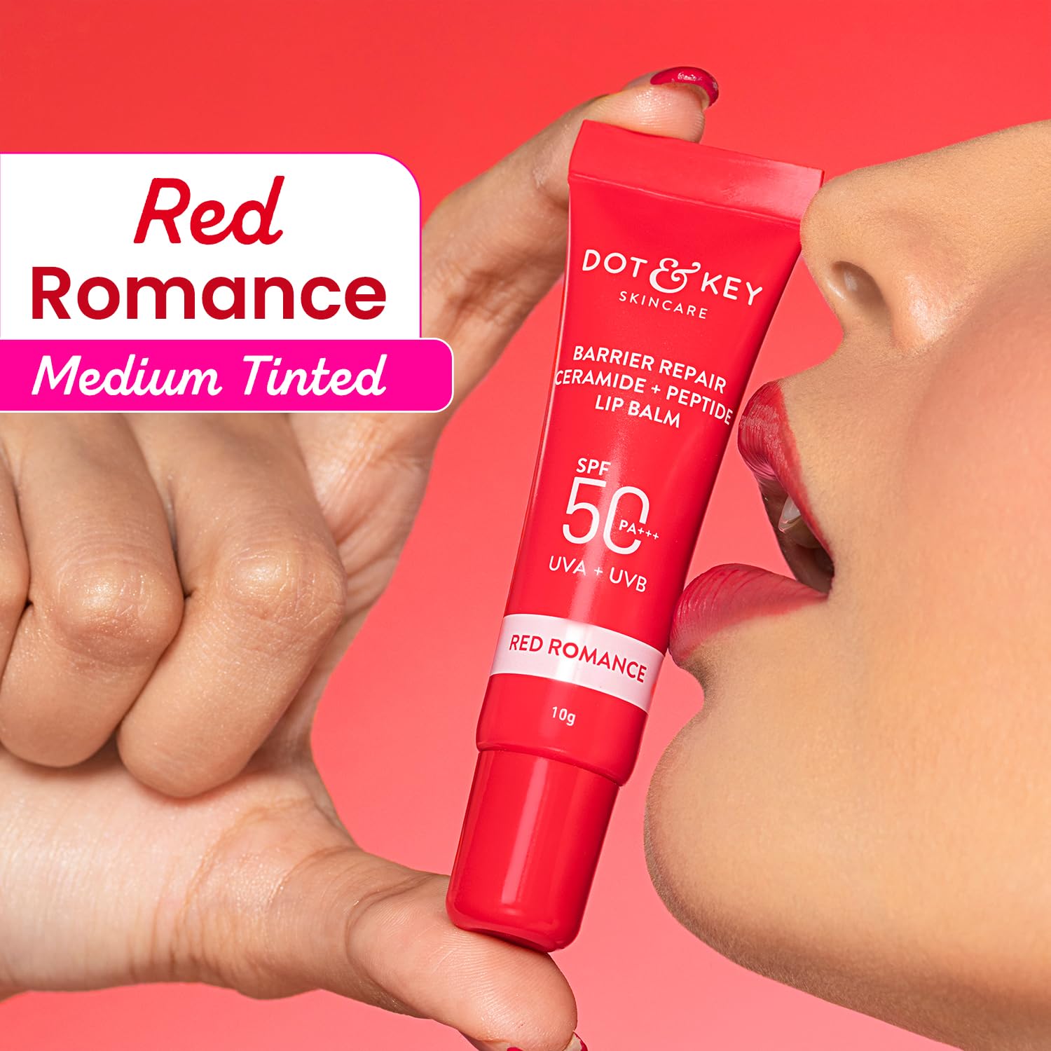 DOT & KEY Ceramide&Peptide Barrier Repair Lip Balm Spf 50,Pa+++|Red Romance|Uva/Uvb Lip Protection|Soft Tinted Lip Moisturizer|Boosts Collagen&Instantly Plumps Lip|Prevents Pigmentation|10Gm,1 Count