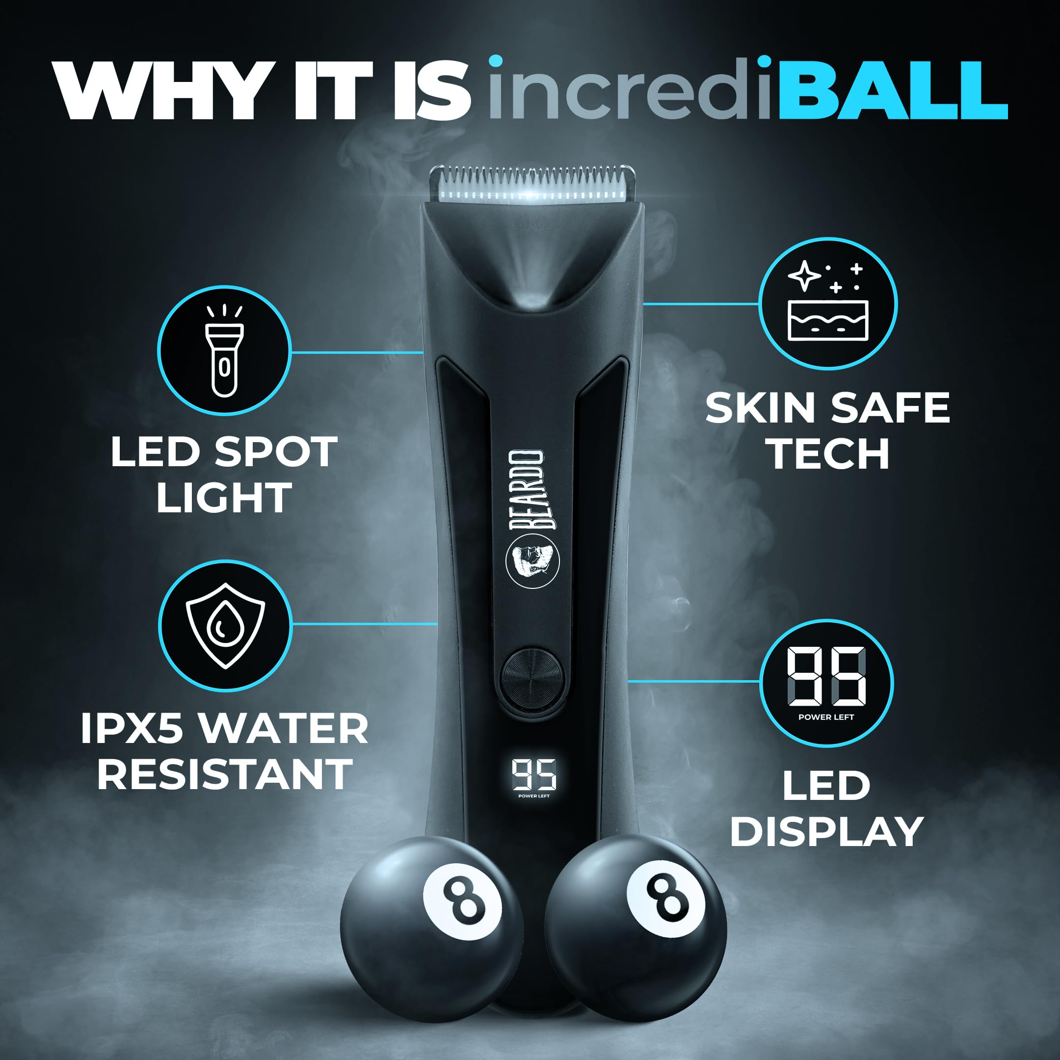 Beardo incrediBALL Trimmer for Men | Ball Trimmer for Men with Skin Safe Tech | No Ni0ramic Blades | Shower friendly IPX5 Water resistant | LED display, LED torch, Dock