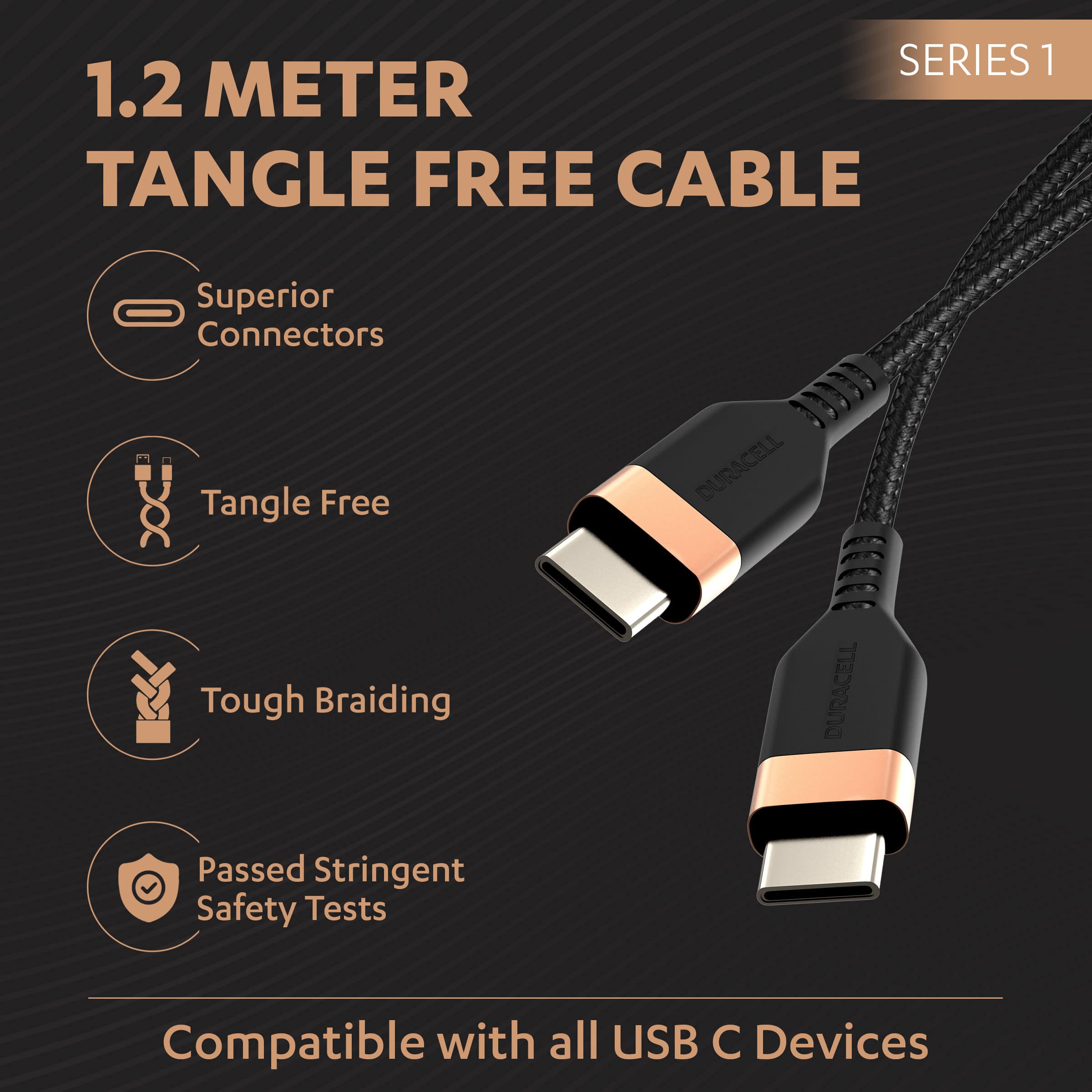 Duracell Usb Type C To Type C 4A(60W) Braided Sync& Charging Cable,For Mobile,Laptop,Tablets&Macbook,1.2M,Supports Power Delivery(Pd) With Rapid Data Transmission - Wireless Accessory from Duracell - Shop in Sri Lanka at Arcade.lk