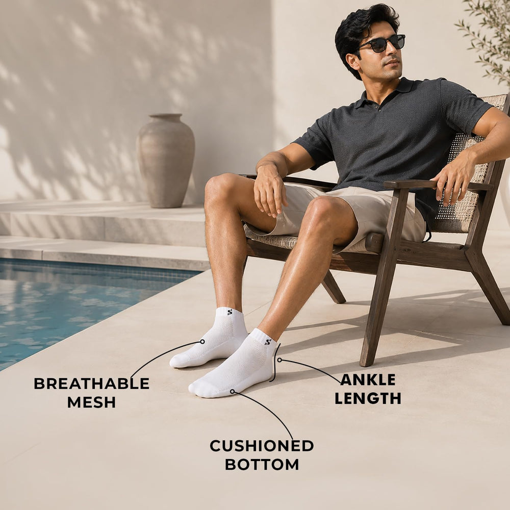 Supersox Ankle Length Sports Socks for Man | Half Terry Cushioned Cotton | Anti-Odour & Antibacterial | Breathable & Moisture Absorbent | Running, Gym & Sneaker | Grey-White-Black | Pack of 3 | Glammy.lk
