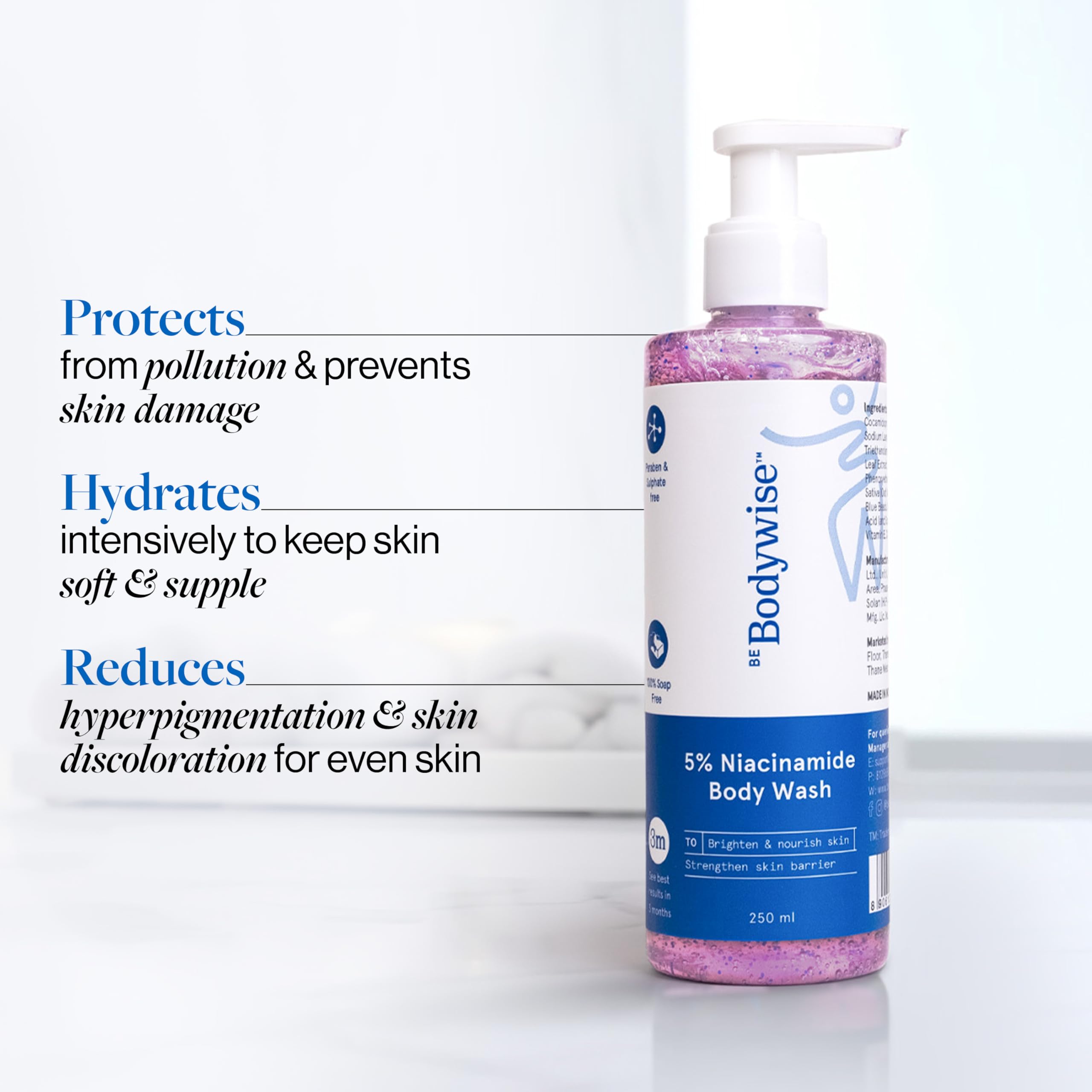 Be Bodywise 5% Niacinamide Brightening Body Wash | Hydrates & Deep Cleanses Skin | For Glowing & Hydrated Skin | With Aloe vera, Vitamin B3 & E | For All Skin Types | 250ml
