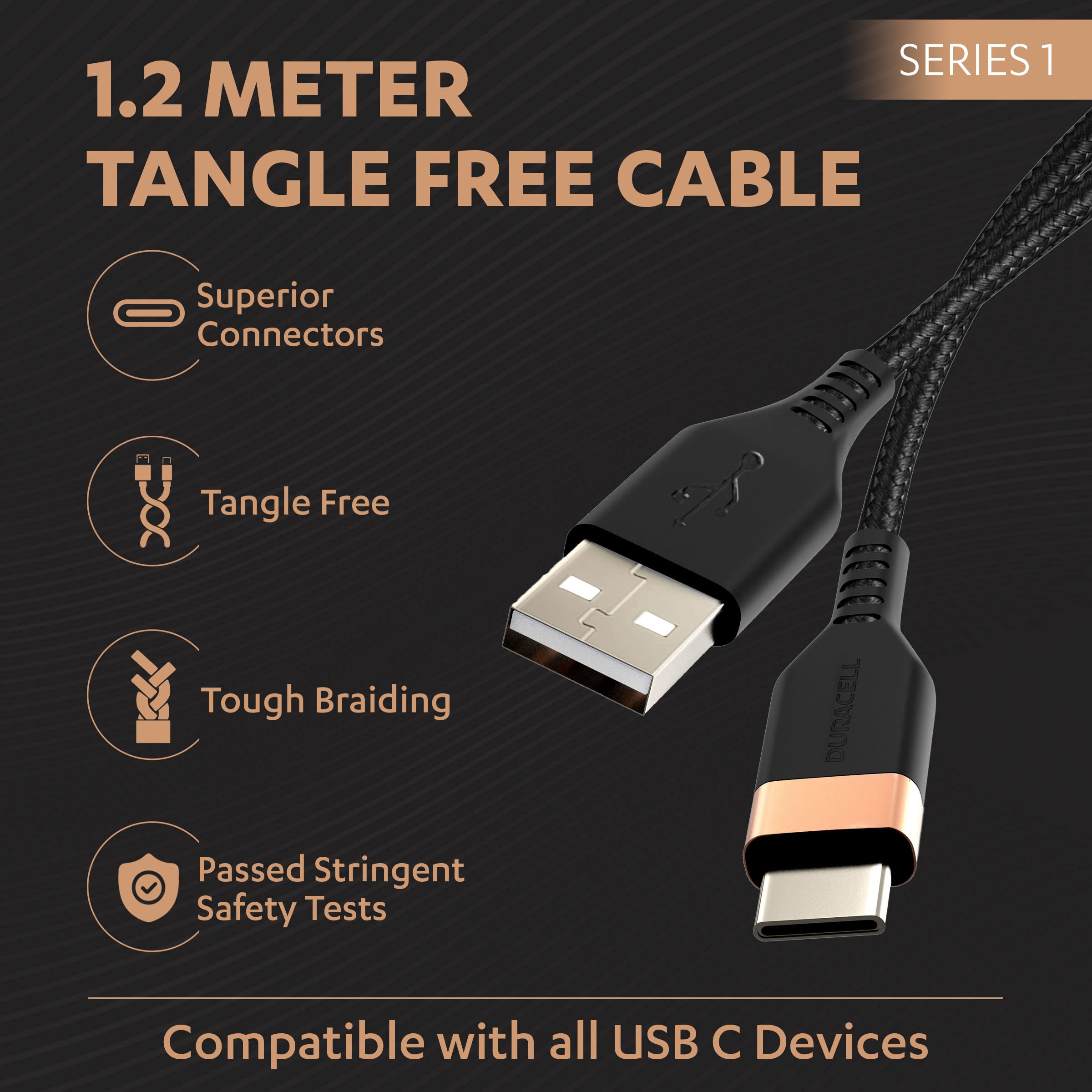 Duracell Usb-A To Type C, 65W Braided Sync & Fast Charging USB Cable, 3.9 Feet(1.2M), Qc 2.0/3.0 Ultra Fast Charging, Seamless Data Transmission, Series 1,Black