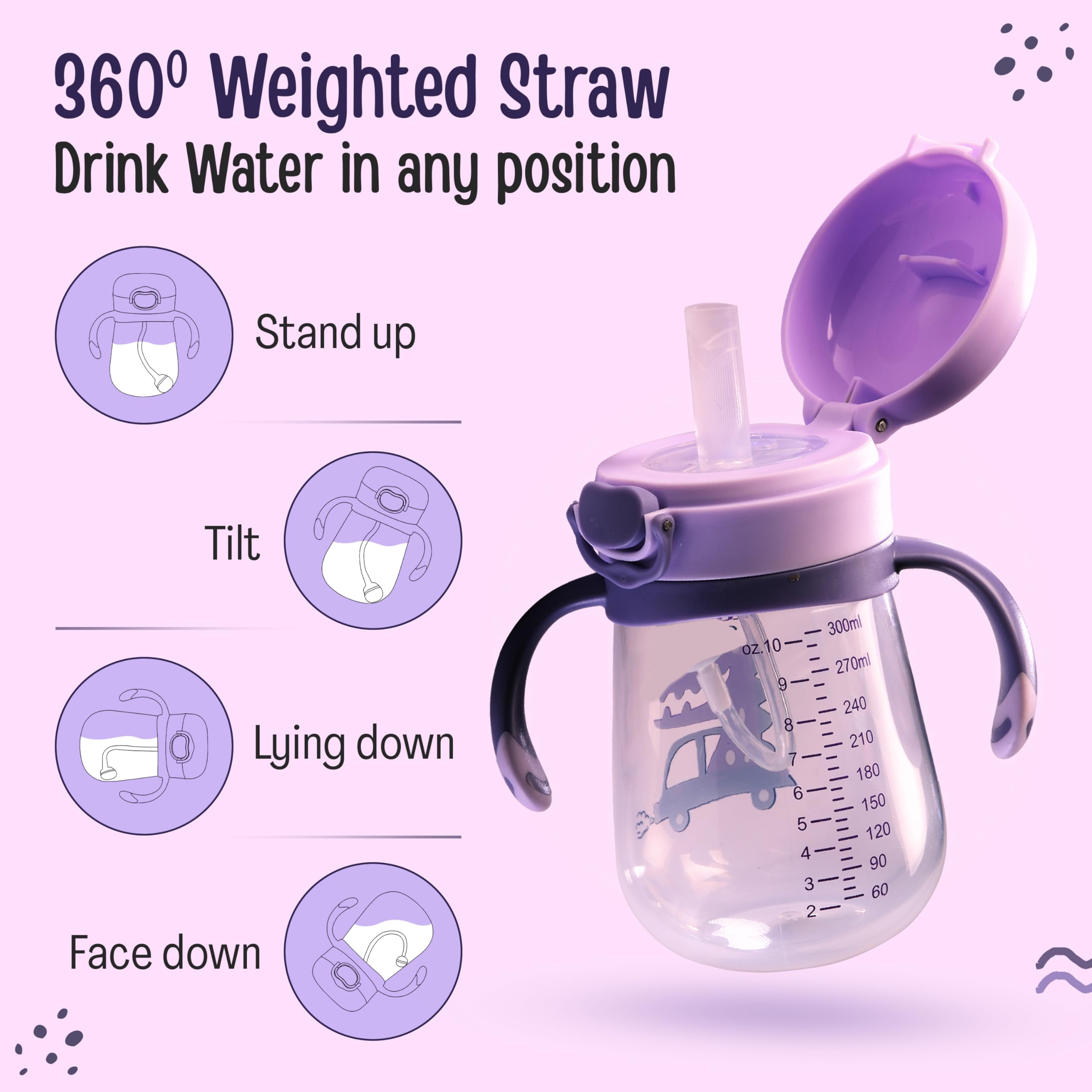 LuvLap Baby Bite Resistant Soft Silicone Straw Sipper Cup with Handle, with Weighted Straw, Sippy Cup with Anti Spill Lock, BPA Free, 6m+, 300 ml, Purple
