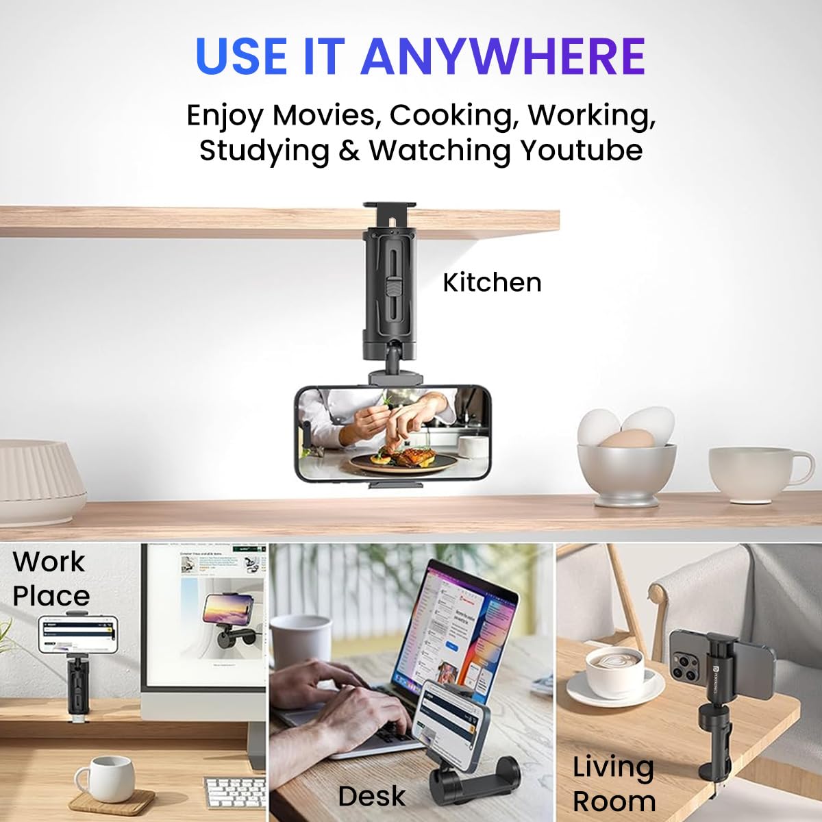 Portronics Mobot Clip Mobile Holder with 360° Adjustable Angles, Light Weight, Mobile Stand for Table/Video Recording/Vlogging, Compatible with 4 to 6.4 inch Smartphones (Black)