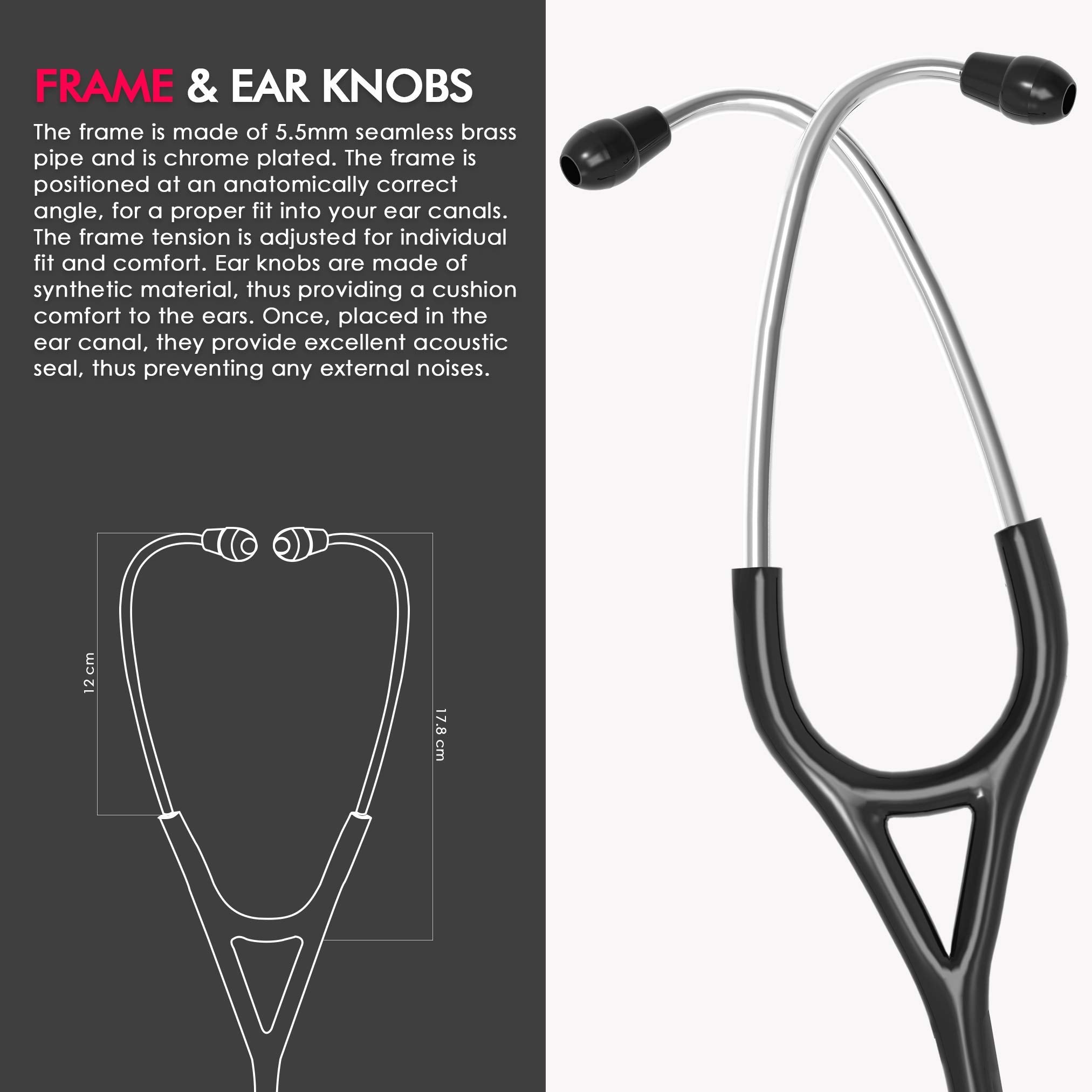 ELKO EL-060 CARDIO III SS Stainless Steel Acoustic Stethoscope | Two-Way PVC Tubing | Double Sided Chestpiece For Adult & Pediatric Patient | Doctors & Medical Students (Black)