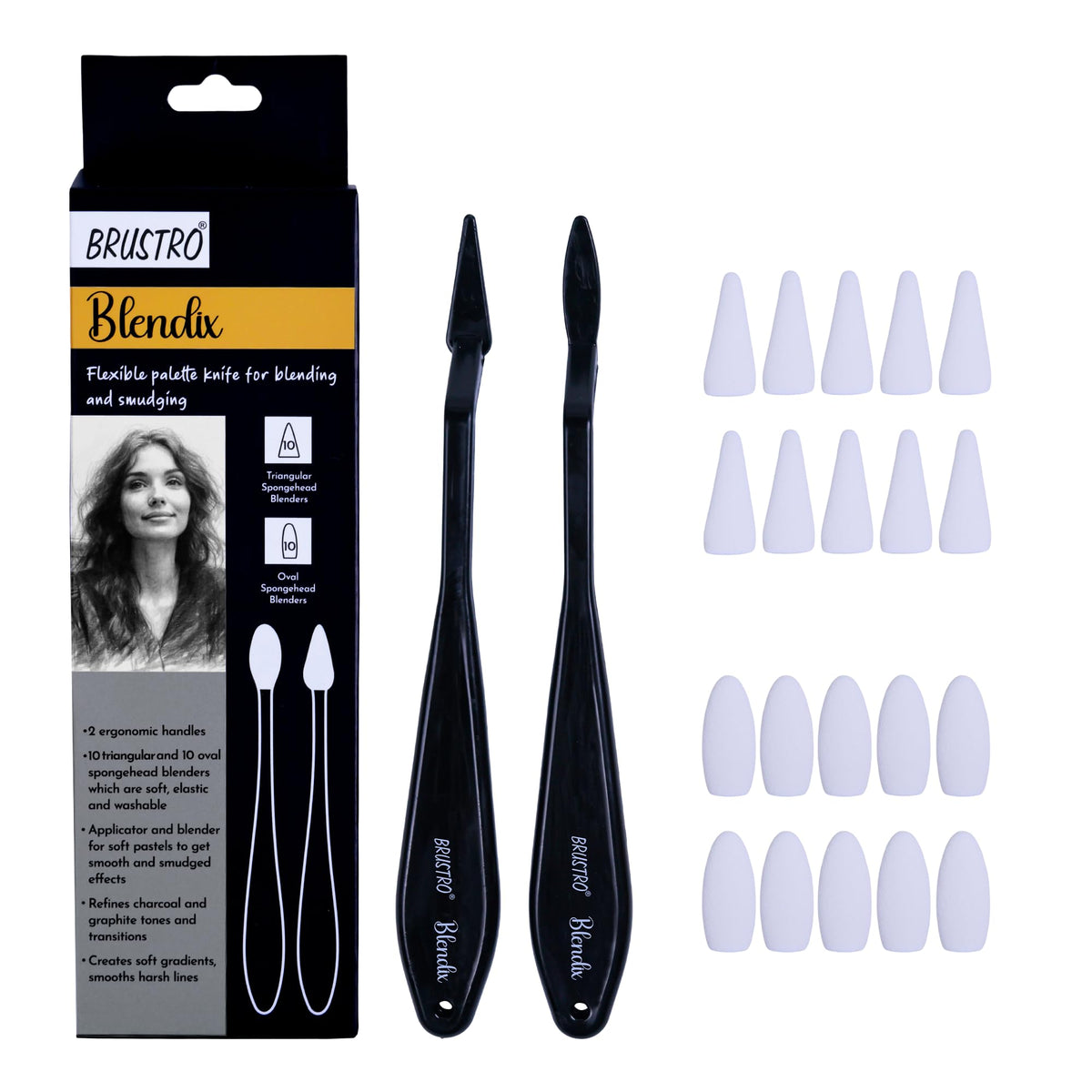 BRUSTRO Blendix Flexible Spongehead Soft Palette Knives | Set of 2 Ergonomic Handles with 10 Triangular & 10 Oval Sponge Blender | Ideal for Blending, Smudging With Graphite, Charcoal, Pastels, Pigment powder etc