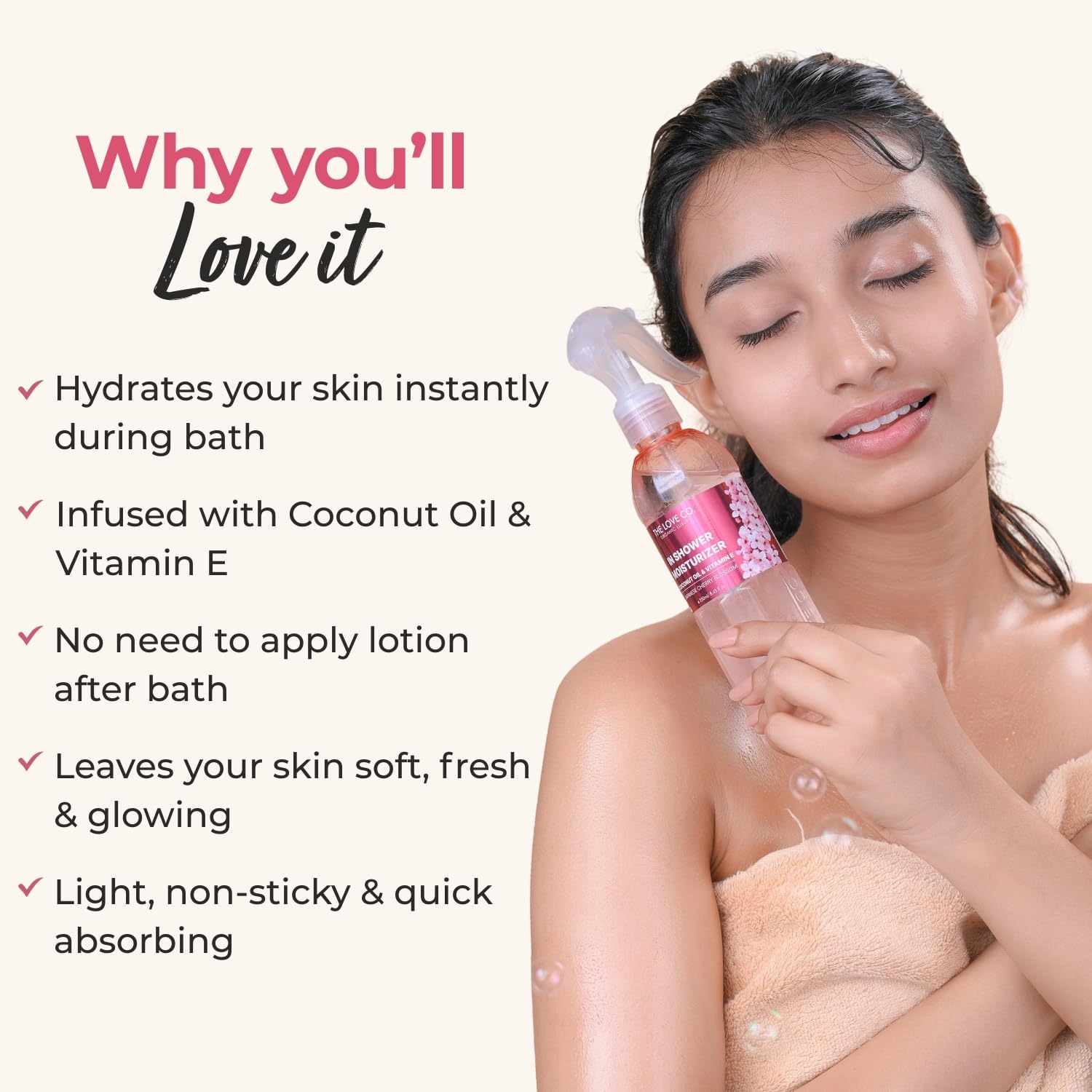 THE LOVE CO Japanese Cherry Blossom In-Shower Body Moisturizer | Coconut Oil & Shea Oil | For All Skin Types | Hydrates & Plumps | Reduces Dryness & KP Bumps | Non-Greasy (250ml)