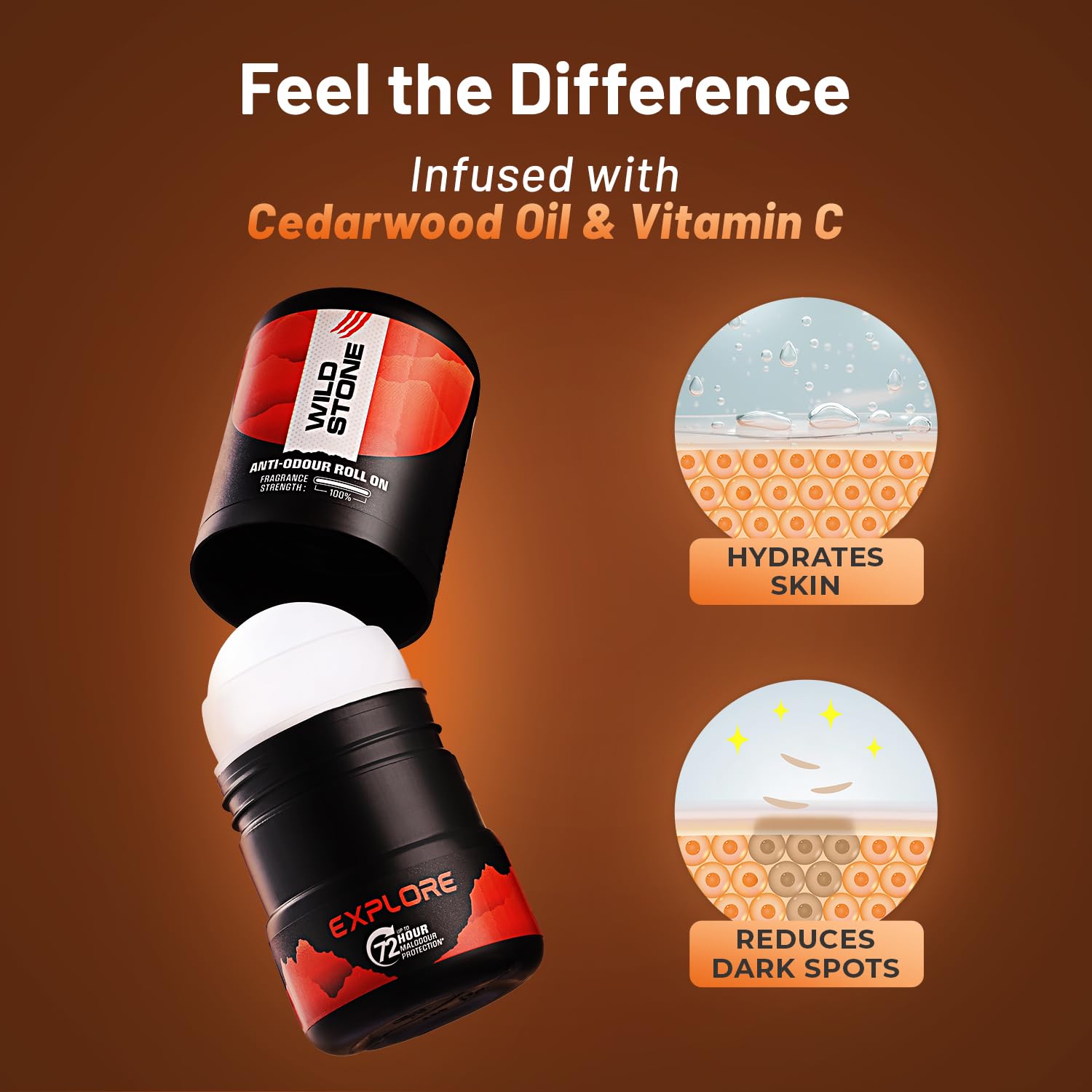 Wild Stone Explore Anti-Odour Roll On For Men, 50ml | Up to 72-Hour Odour Control | Infused with cedarwood oil and Vitamin C | Skin Friendly & Itch Free Deodorant Roll On | Long-Lasting Freshness