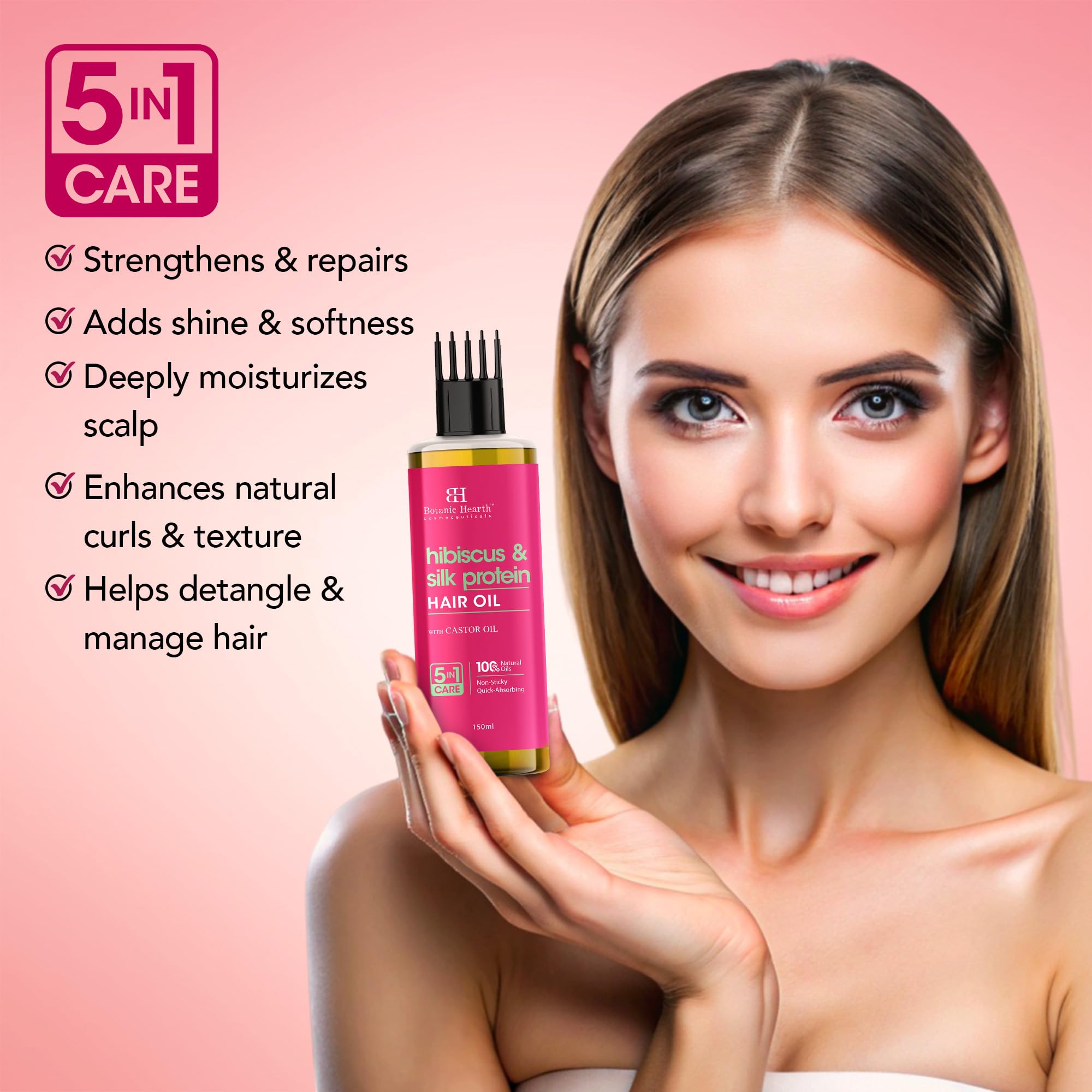 Botanic Hearth Hibiscus Silk Protein Hair Oil for Hair Growth & Hair Fall Control|Nourishing Scalp & Hair Treatment with Castor Oil |Reduces Frizz, Adds Shine|Comb Applicator |For Men & Women|150 ml