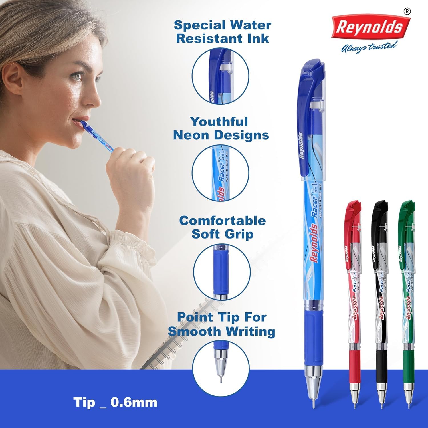 Reynolds Racer Gel 7 Count Pouchi Lightweight Gel Pen With Comfortable Grip For Extra Smooth Writing I School And Office Stationery|0.5Mm Tip Size|Blue
