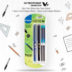 Pilot V7 Hi-tecpoint Pen with cartridge system - 1 Blue, 1 Black Pen, 2 Blue cartridges, 2 Black cartridges