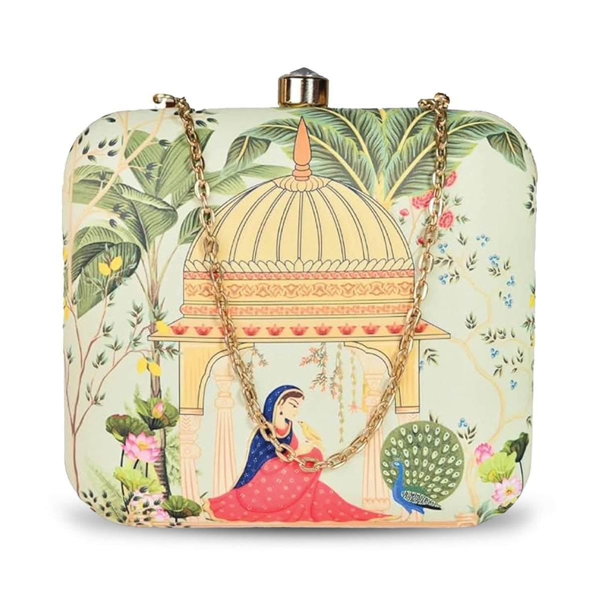 Artklim Multicolour Printed Trendy Box Clutch for Women & Girls - Hard Case Sling Purse - Casual & Brunch Handbag with Detachable Chain Strap - Gift for Woman