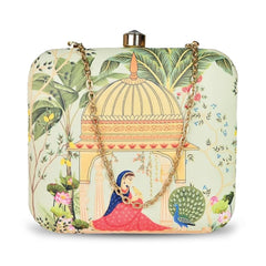 Artklim Multicolour Printed Trendy Box Clutch for Women & Girls - Hard Case Sling Purse - Casual & Brunch Handbag with Detachable Chain Strap - Gift for Woman