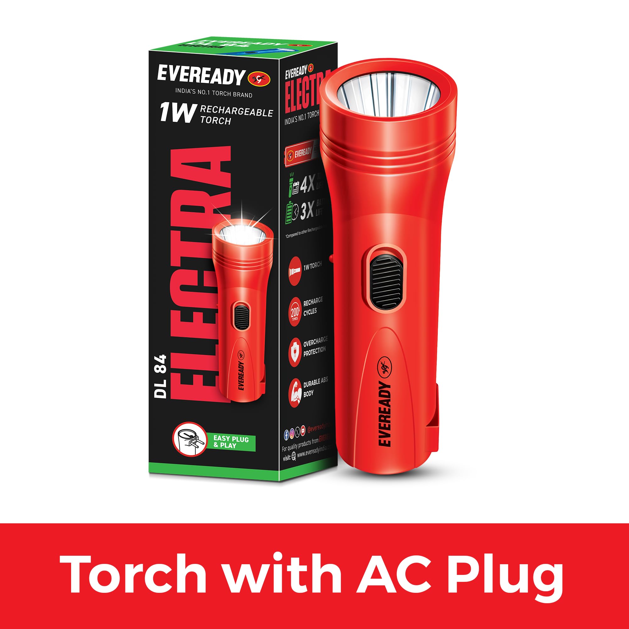 Eveready DL 84 Rechargeable Flashlight, LED, 80 Lumen