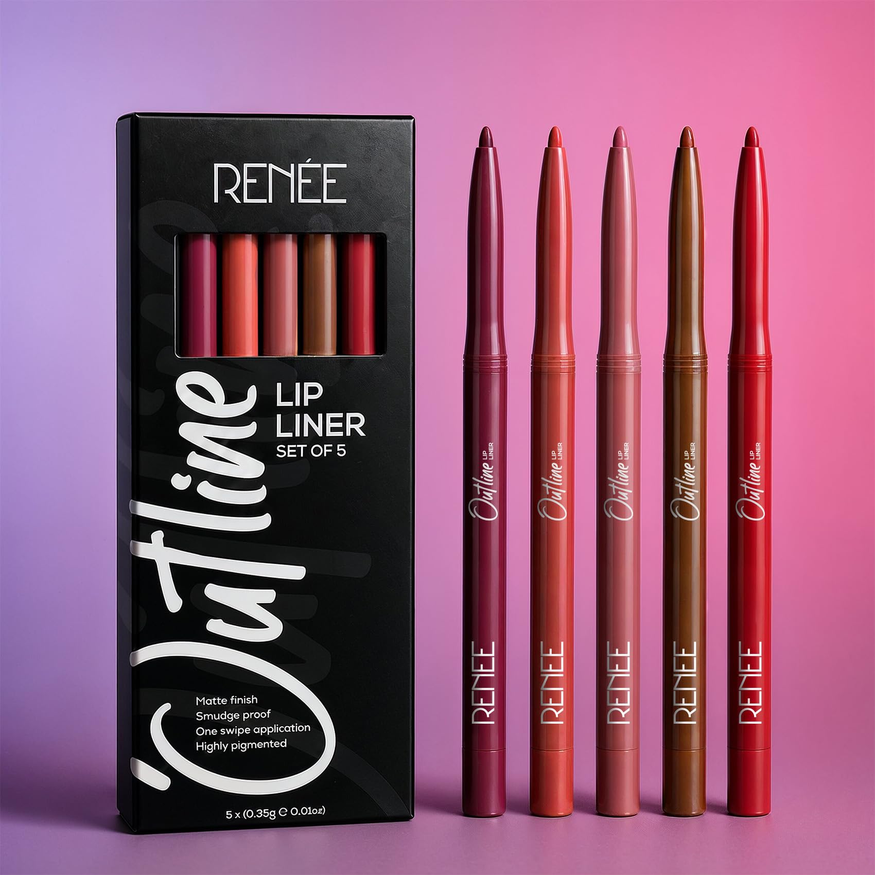 RENEE Outline Lip Liner - Combo of 5 with Built-in Sharpener l Long Lasting l Smudge Proof l Smooth Matte Finish l Rich Color Payoff l One Swipe Application l Ultimate Precision l Easy to Glide