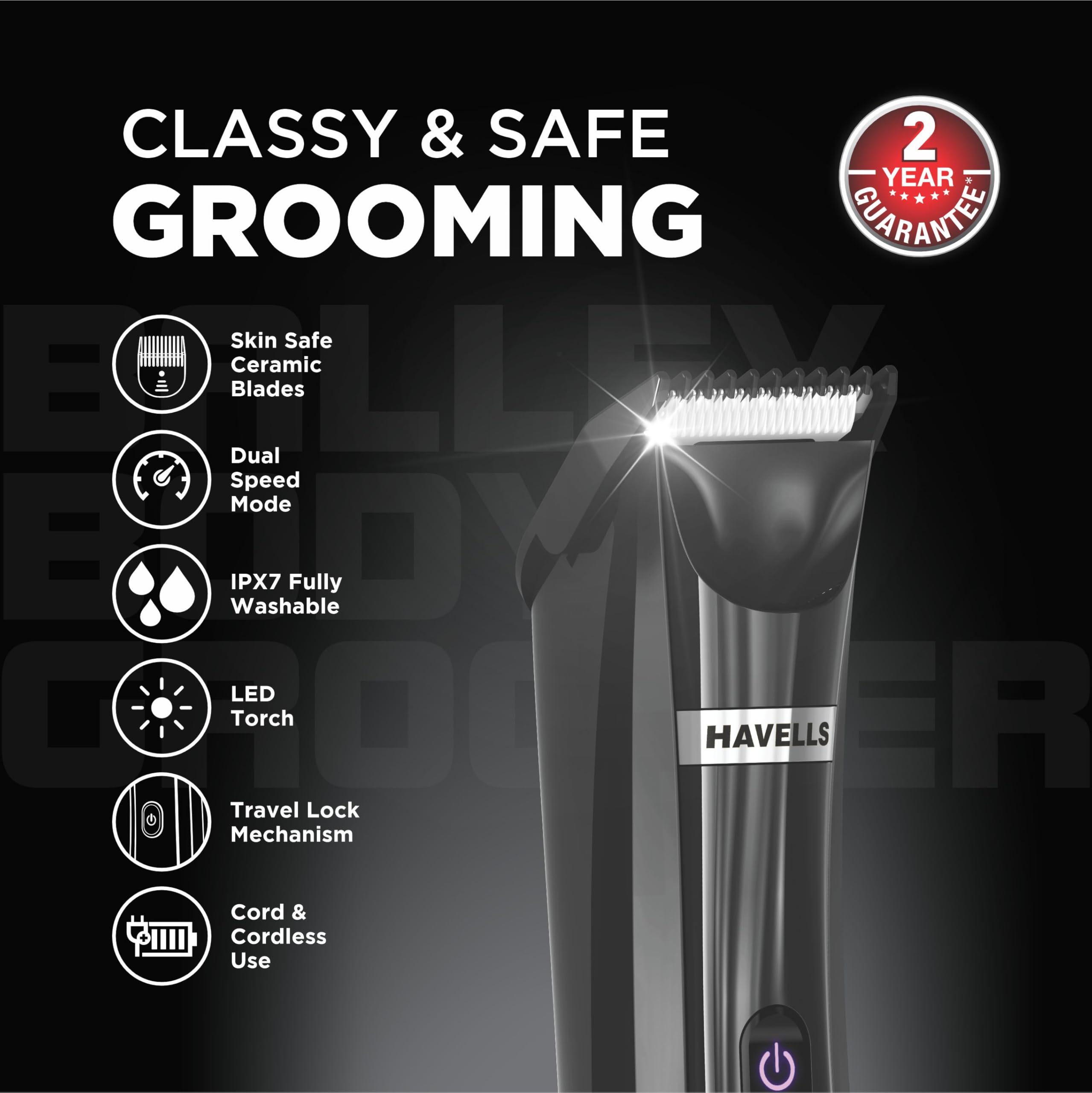 Havells Ballex Body Groomer| Full Body Trimmer For Men|Beard, Body, Balls, Pubic Hair, Private Parts|IPX7 Waterproof|No Nicks & Cuts|1 Hour Non Stop Runtime|USB Type C Fast Charge| Travel Lock| BG3300
