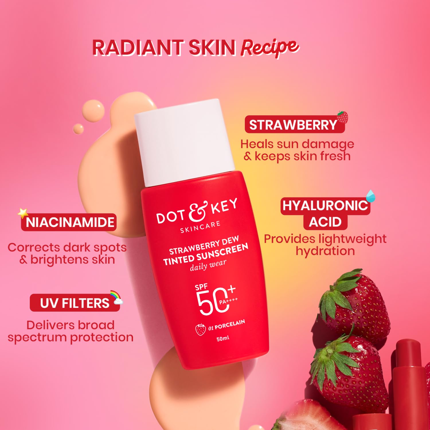 Dot & Key Strawberry Dew Tinted Sunscreen SPF 50+ Pa++++ - 01 Porcelain | Protection Against UA/UB | Broad Spectrum, Water & Sweat resistant | For All Skin Types | 50ml