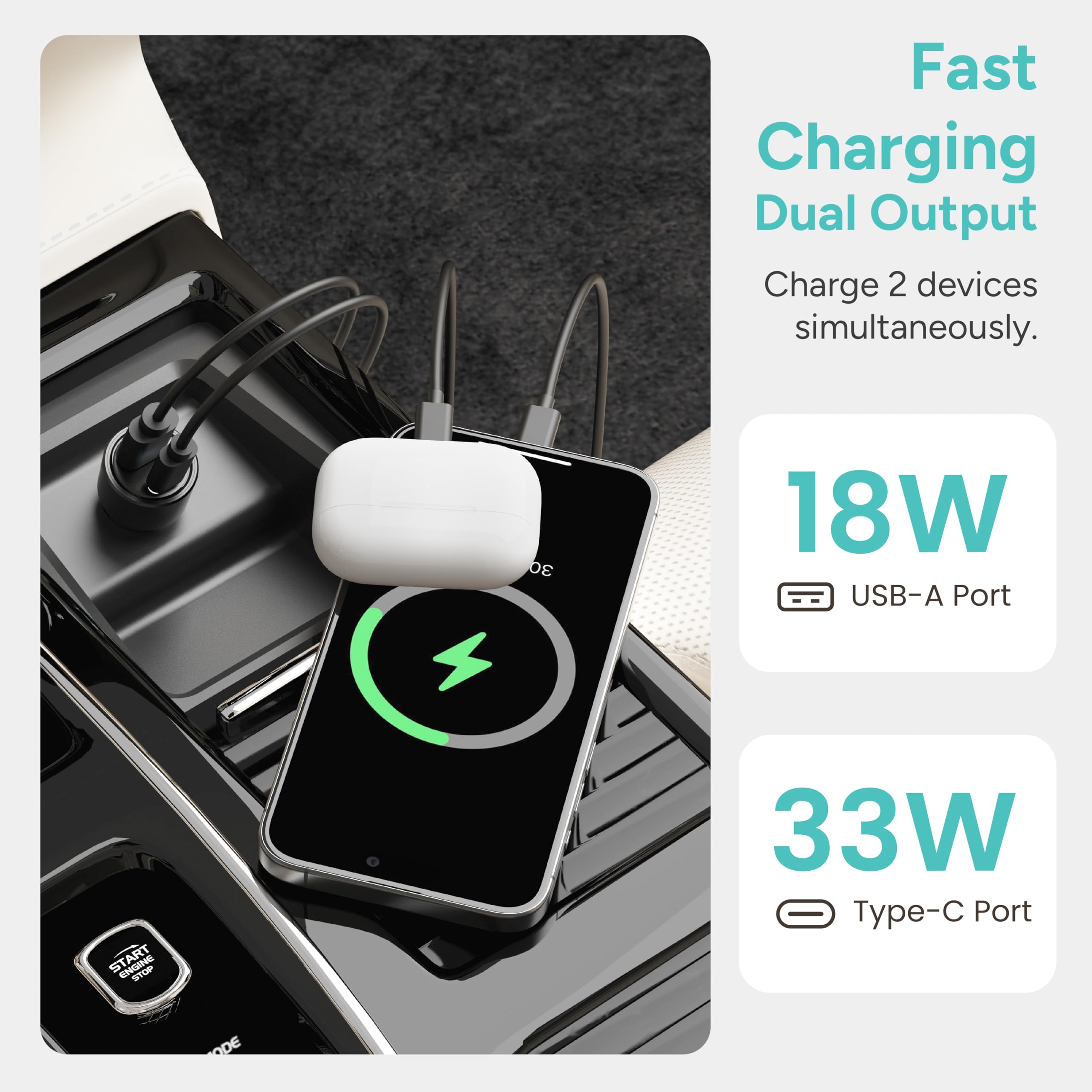 Ambrane 51W Fast Charging Car Charger, Dual Output 33W Type C PD + 18W USB Car Adapter, Quick Charge Car Plug for iPhone, Android, Tablets & More, High-Speed Compact Car Power Charger (Black, C51)