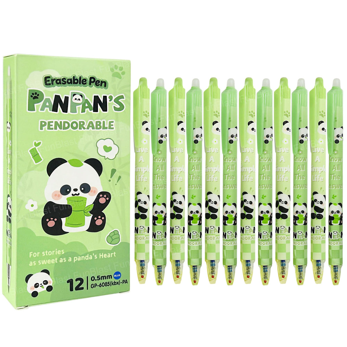 FunBlast Cute Panda Erasable Gel Pens – 12 Pcs of Gel Pen with Magic Eraser, Kawaii Gel Pens, Lightweight Gel Pen with Comfortable Grip, Stationery for School & Office – Blue Ink