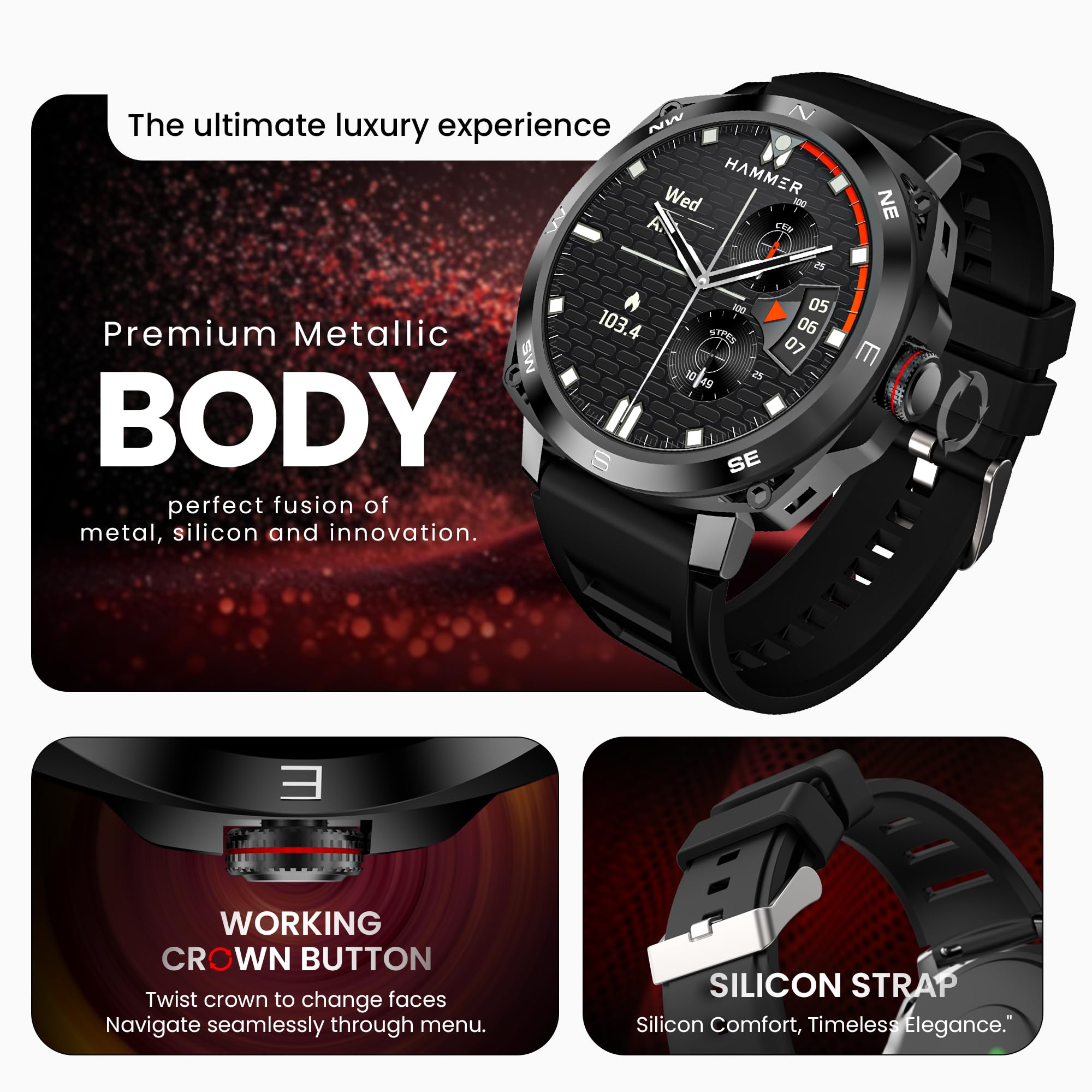 HAMMER Fit Pro 1.43" Super AMOLED Display Smart Watch Round Dial with Bluetooth Calling, Metallic Build, Always on Display, Multi Sports Modes (Black)