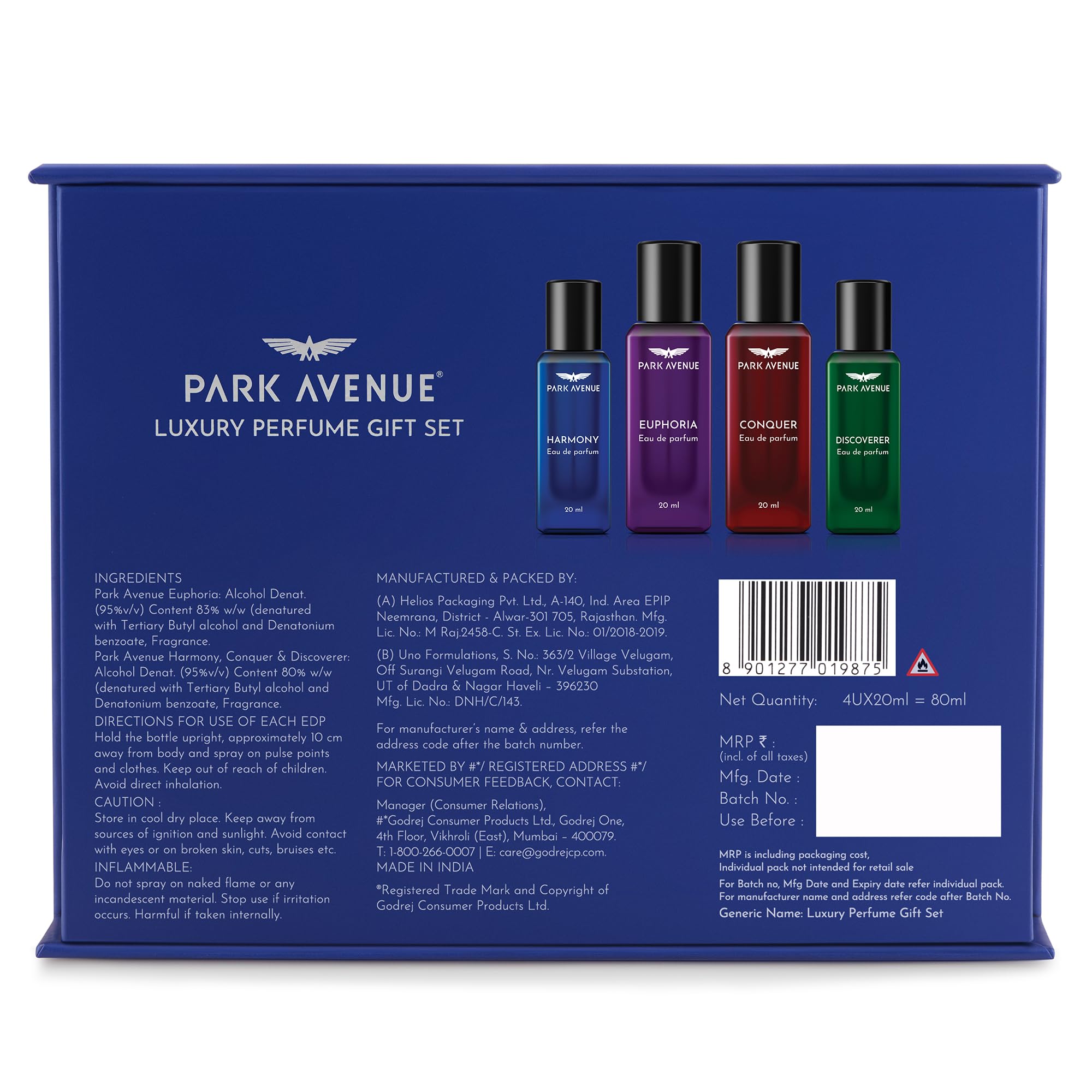 Park Avenue Luxury Perfume Gift Set for Men, 4x20 ml | Euphoria, Conquer, Harmony & Discoverer Perfume | Eau De Parfum | Premium Luxury Perfume for Corporate Man | Perfume for men Long Lasting Smell