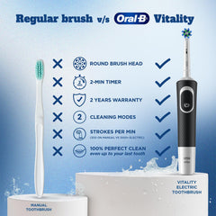 Oral-B Vitality Rechargeable Rotating Electric Toothbrush for Adults | 2 Brushing Modes (Daily & Sensitive) | 2-Min Timer with Quadpacer | IPX7 Water Resistant | Round Brush Head (Black)