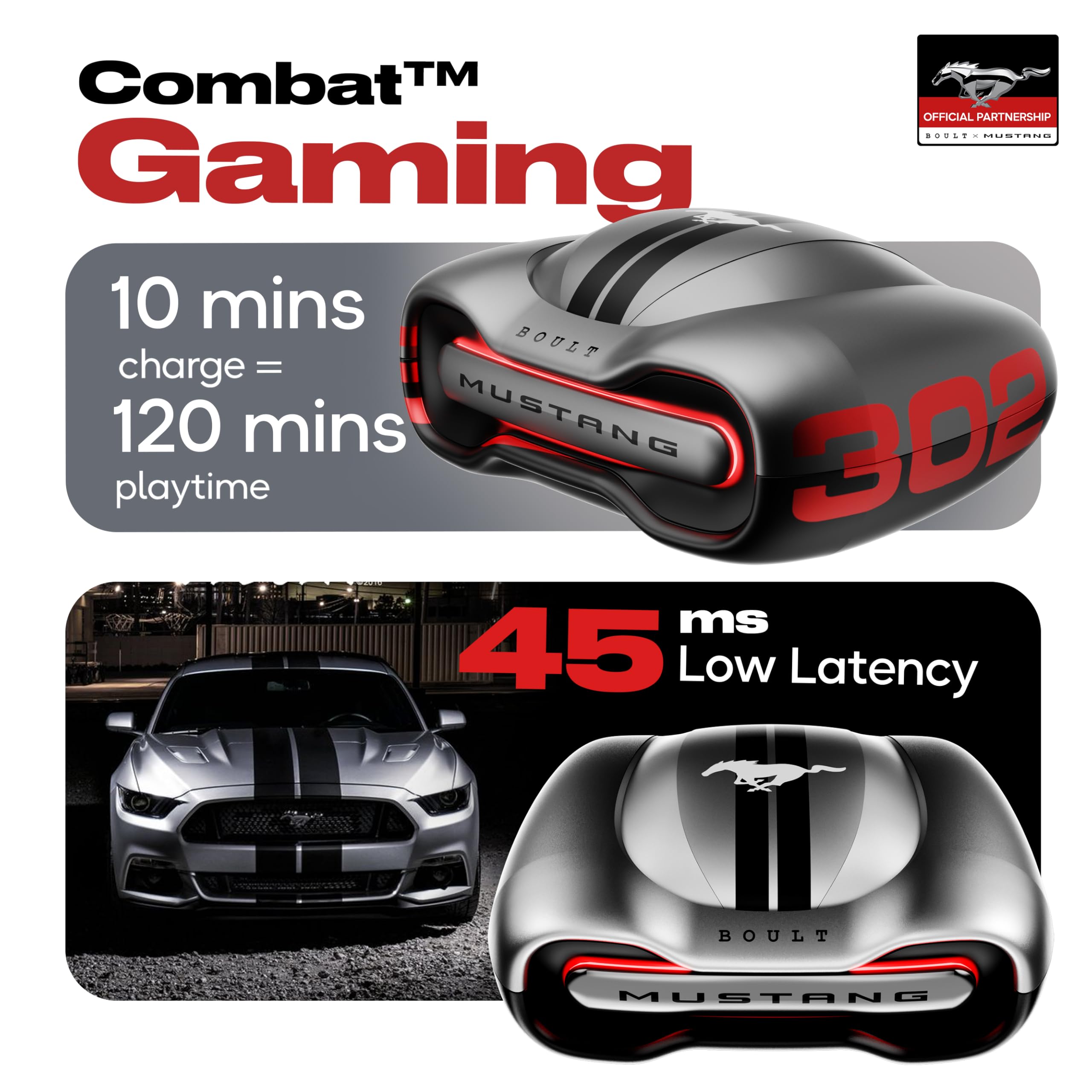 Boult Mustang Newly Launched Torq TWS Earbuds with 60H Playtime, App Support, 4 Mics ENC, 45ms Low Latency, 13mm Driver, Breathing LEDs, Touch Control, Made in India, IPX5 Ear Buds Wireless (Silver)