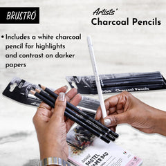 BRUSTRO Artists Charcoal Pencil - Set of 4 (3 Black Shade - Soft, Medium, Hard and 1 White - Medium) | Ideal for Drawing, Shading, Coloring, Sketching, Artwork, Portrait, Landscape, Smooth Blending