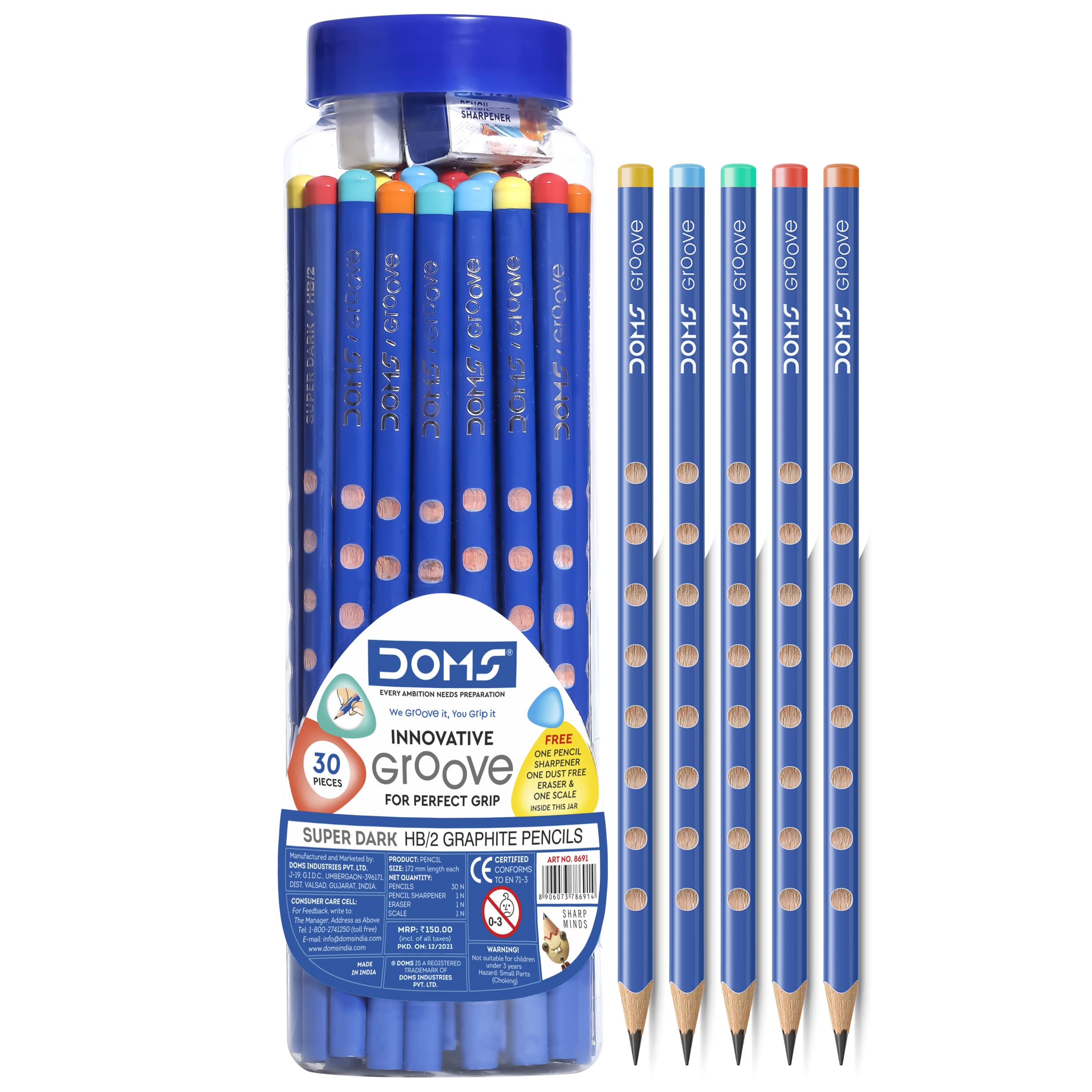 Doms Groove Super Dark HB/2 Graphite Pencils Jar Pack | Innovative Groove For Perfect Grip | Free Pencil, Eraser, Sharpner & Scale | Ideal For Sketching & Drawing | Pack of 30 Pencils