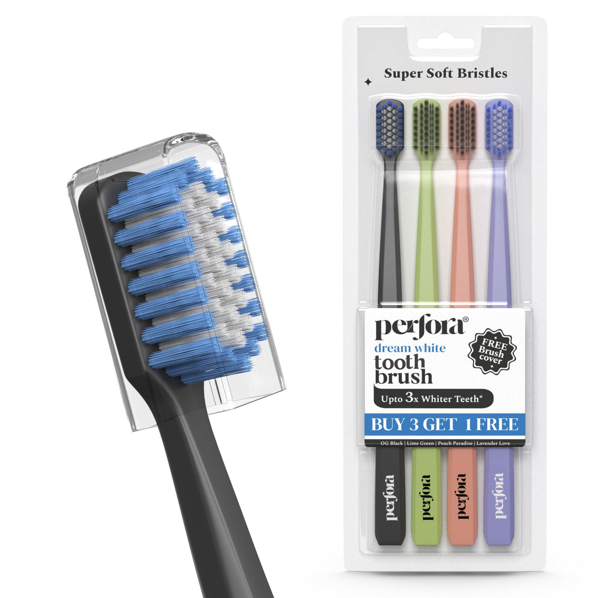 Perfora Dream White Toothbrush For Kids & Adults | With Activated Charcoal & Smart Indicator Bristle | Super Soft Bristles For Sensitive Teeth | Tooth Brush Set Pack Of 4 (Buy 3 Get 1)