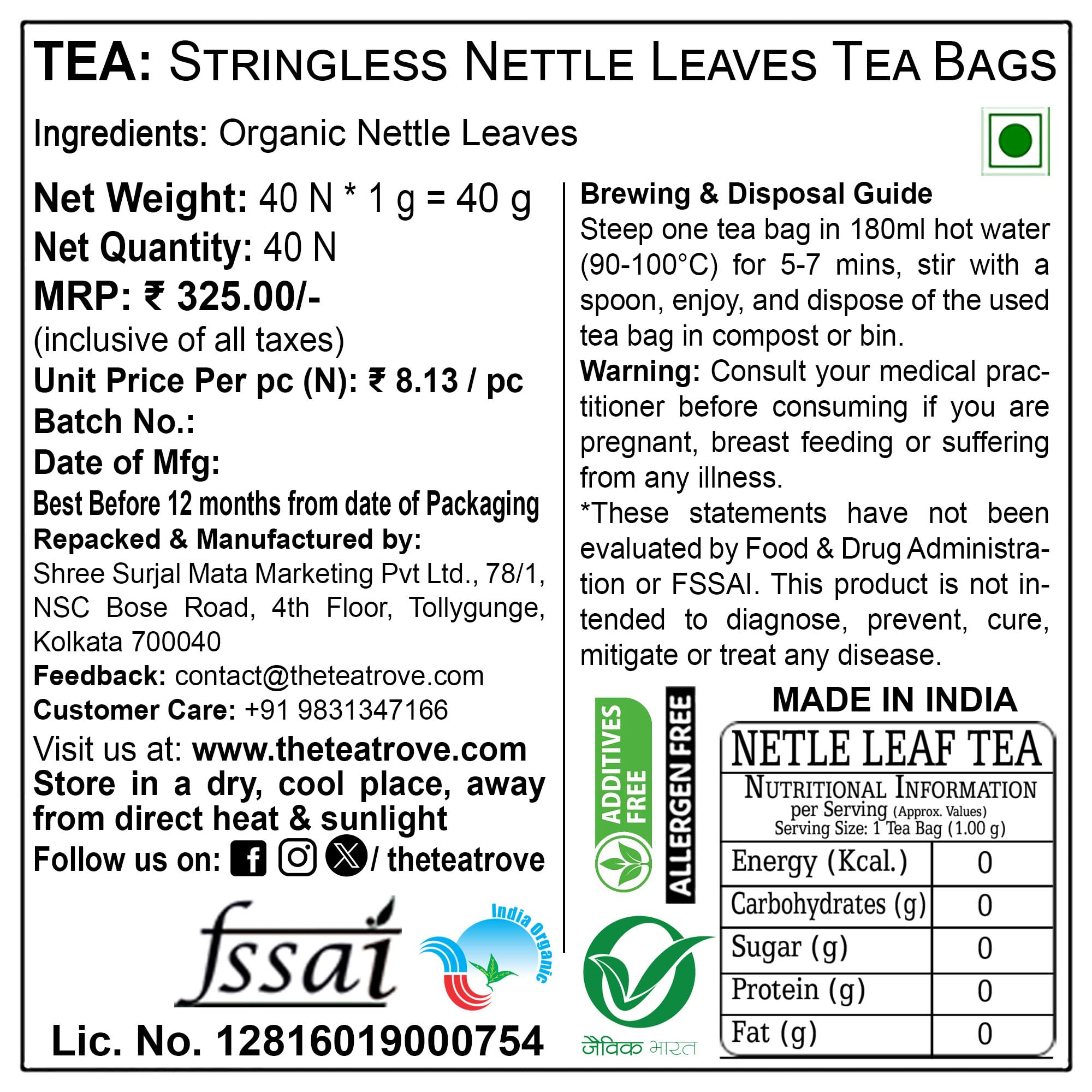 the tea trove Organic Nettle Leaf Tea Bags - 40 Eco-Friendly Stinging Nettle Tea Bags In Resealable Pouch For Everyday Wellness, Caffeine Free | Pack Of 1, 40 grams