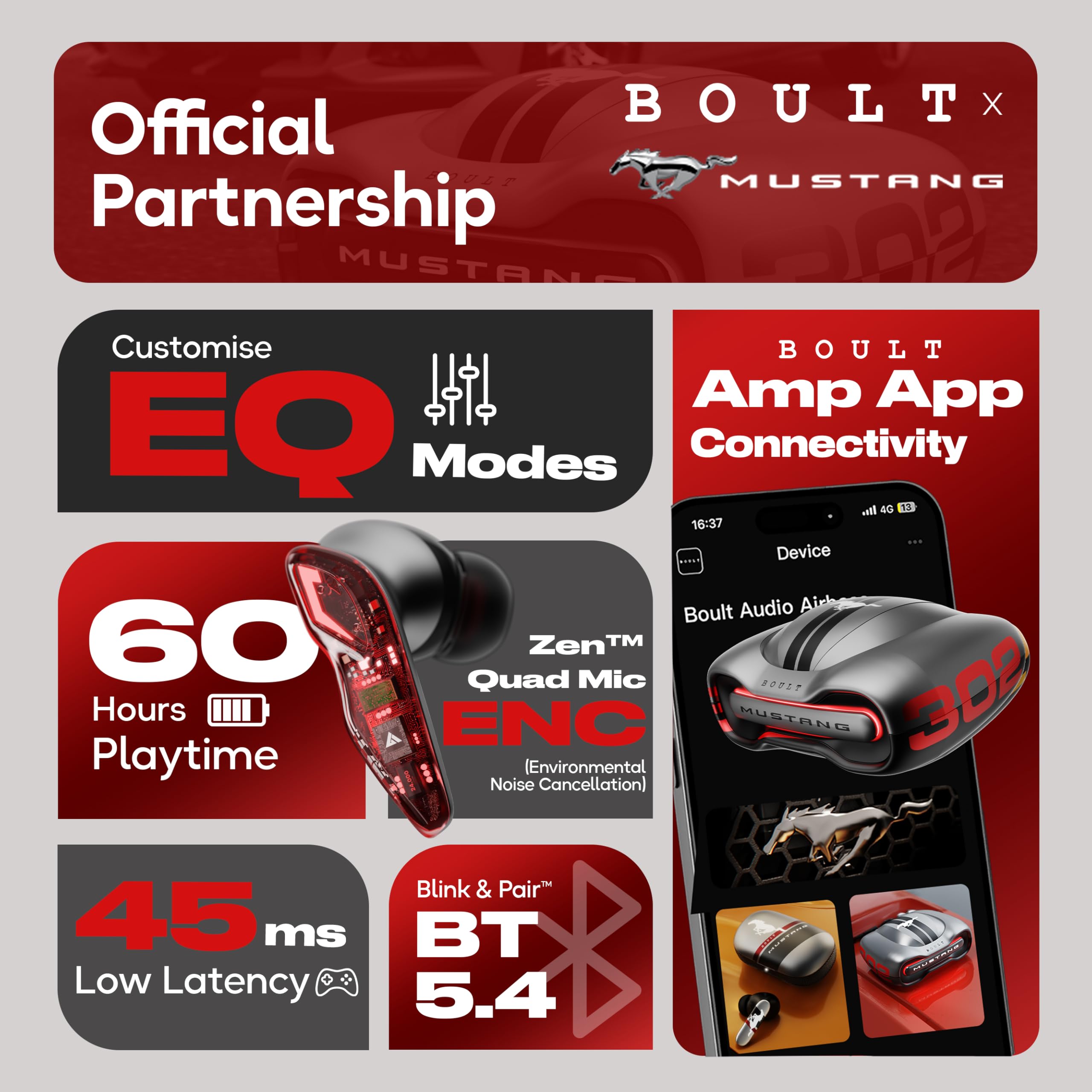 Boult Mustang Newly Launched Torq TWS Earbuds with 60H Playtime, App Support, 4 Mics ENC, 45ms Low Latency, 13mm Driver, Breathing LEDs, Touch Control, Made in India, IPX5 Ear Buds Wireless (Silver)