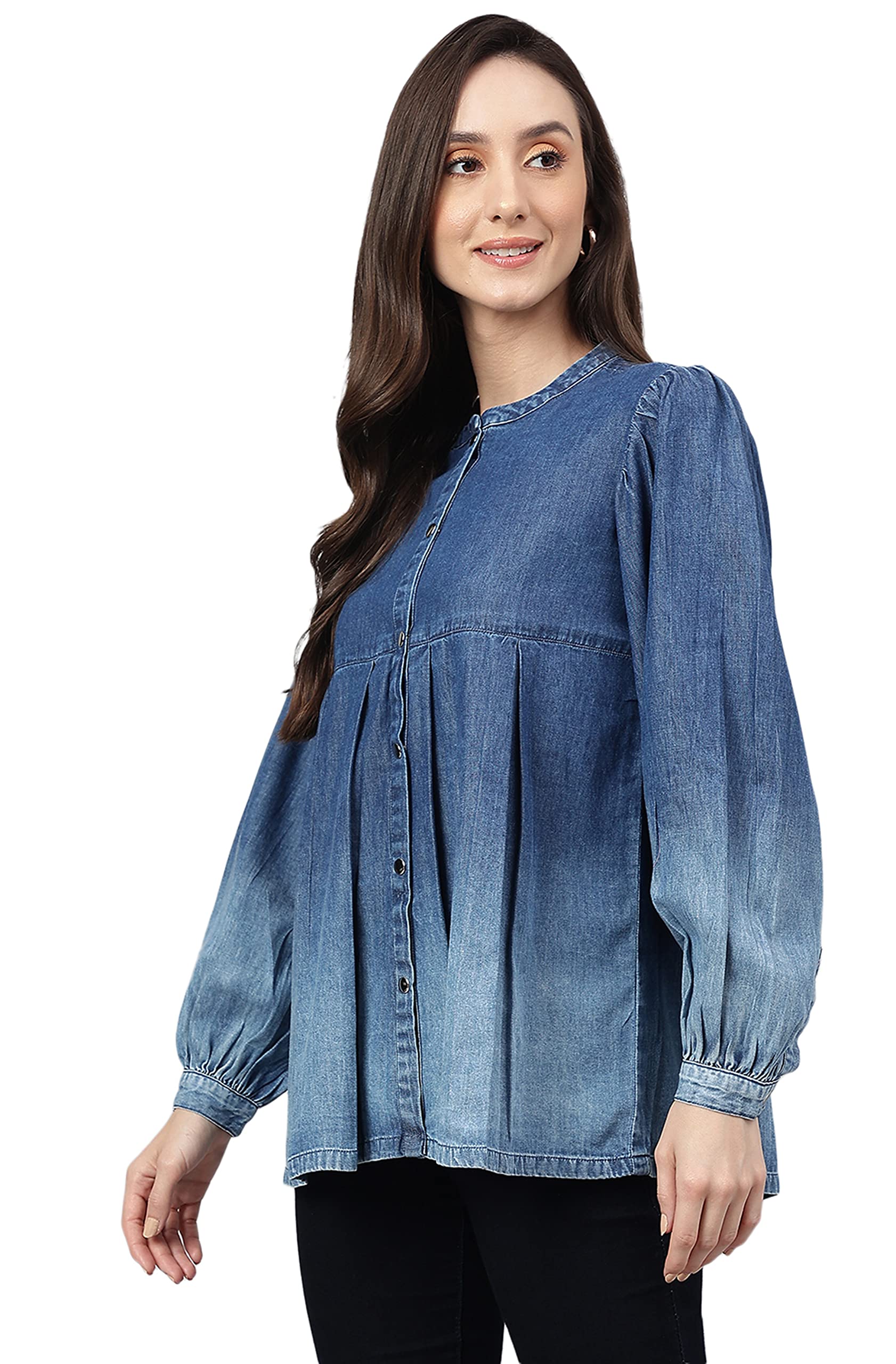 Women's Blue Denim Faded Flared Top(JNE4078-TP-M)