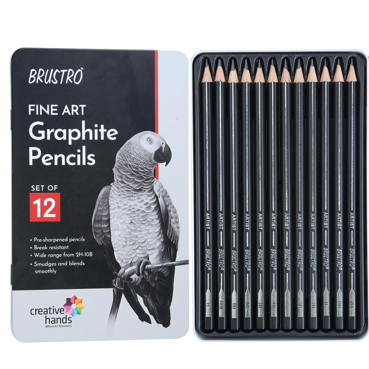 Brustro Artists Fineart Graphite Pencil Set of 12 (10B-2H) with Elegant Tin Box