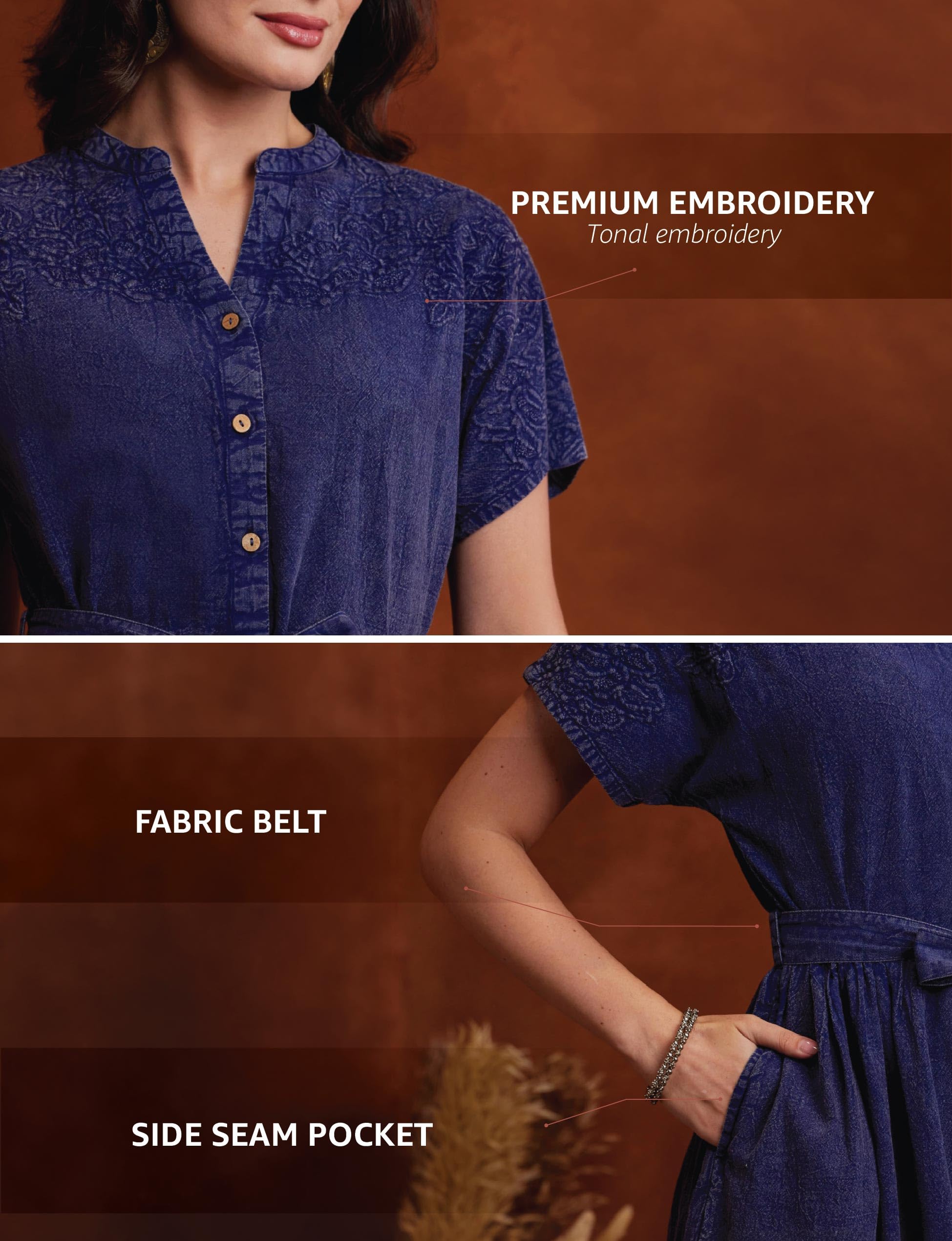 Myx Women's Embroidered Shirt Dress | Cotton Blend | Below The Knee (Available in Plus Sizes)