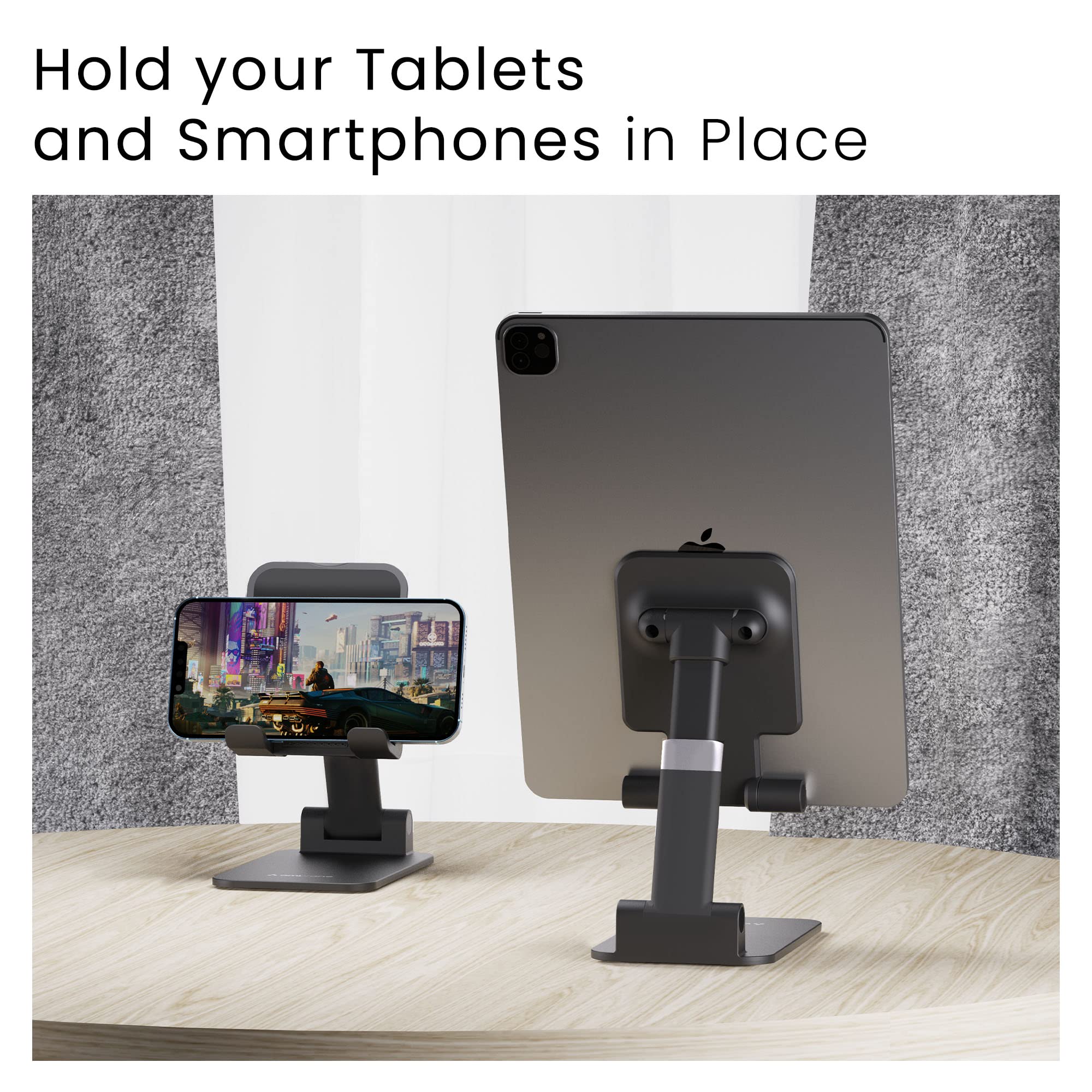 Ambrane Tablet & Mobile Holder for All Smartphones, Tabs, Kindle, iPad Mobile Holding Tabletop Stand, Height Adjustment, Foldable Design, Multipurpose, Anti-Skid Design (Twistand +, Black)