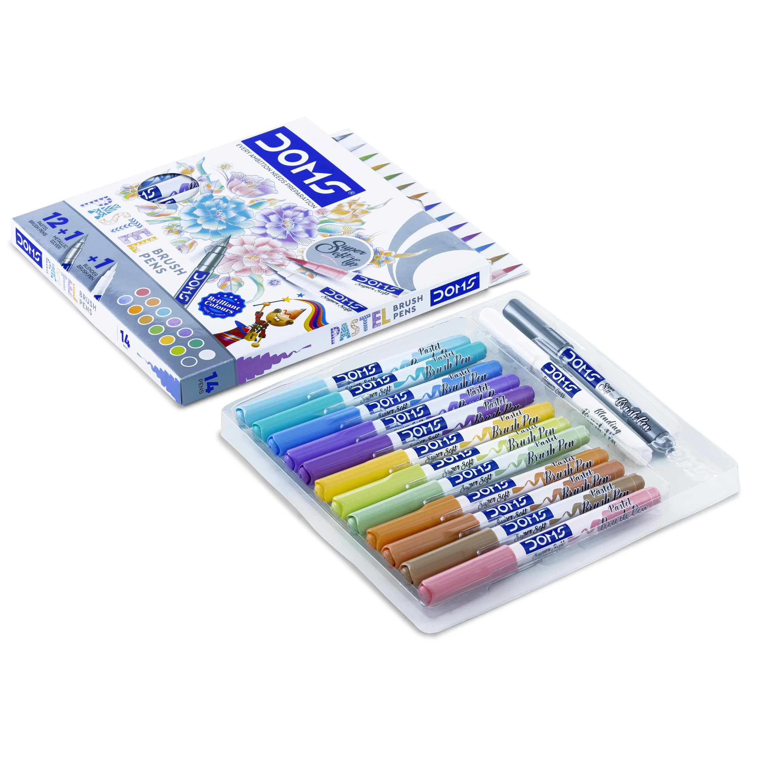 Doms Pastel Brush Pens (14 Shades | 12 + 1 + 1) (Pack of 1), Multicolor