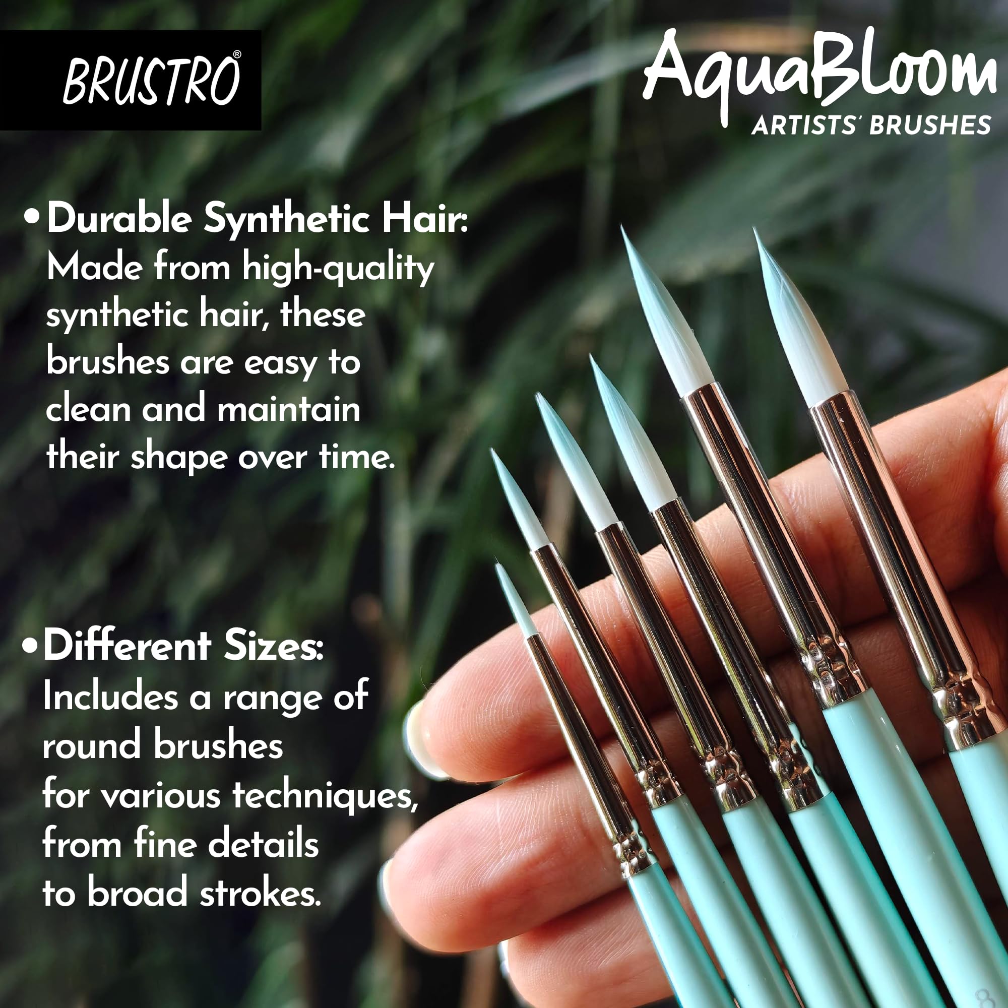 BRUSTRO AquaBloom Artist's Paint Brushes | Round | Set of 6 - Sizes (0, 2, 4, 6, 8, 10) | Wooden Handle, Comfortable Grip, Synthetic Bristles, Ideal for Watercolour, Gouache, Painting