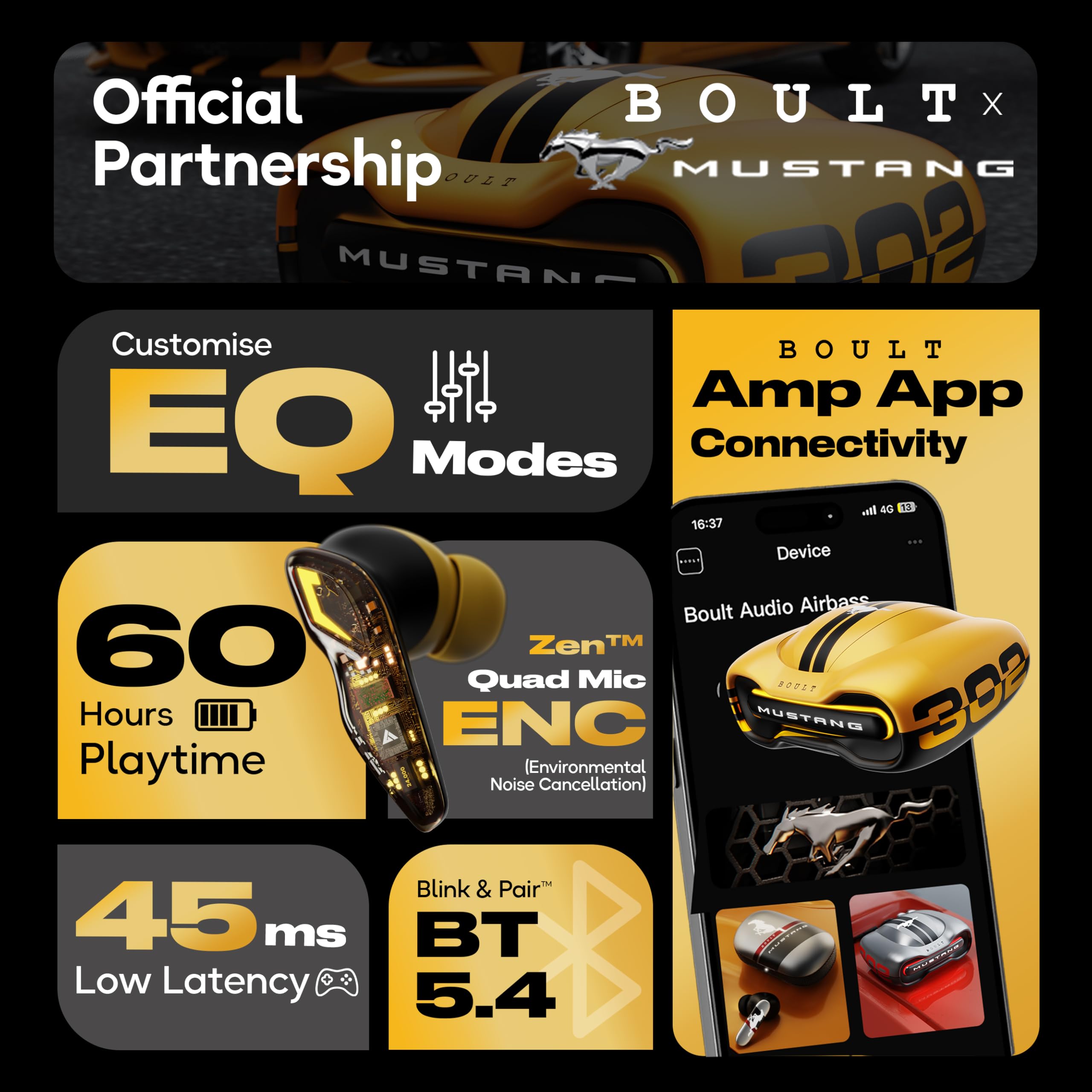 Boult Mustang Newly Launched Torq TWS Earbuds with 60H Playtime, App Support, 4 Mics, ENC, 45ms Low Latency, 13mm Driver, Breathing LEDs,Touch Control, Made in India, IPX5, Ear Buds Wireless (Yellow)