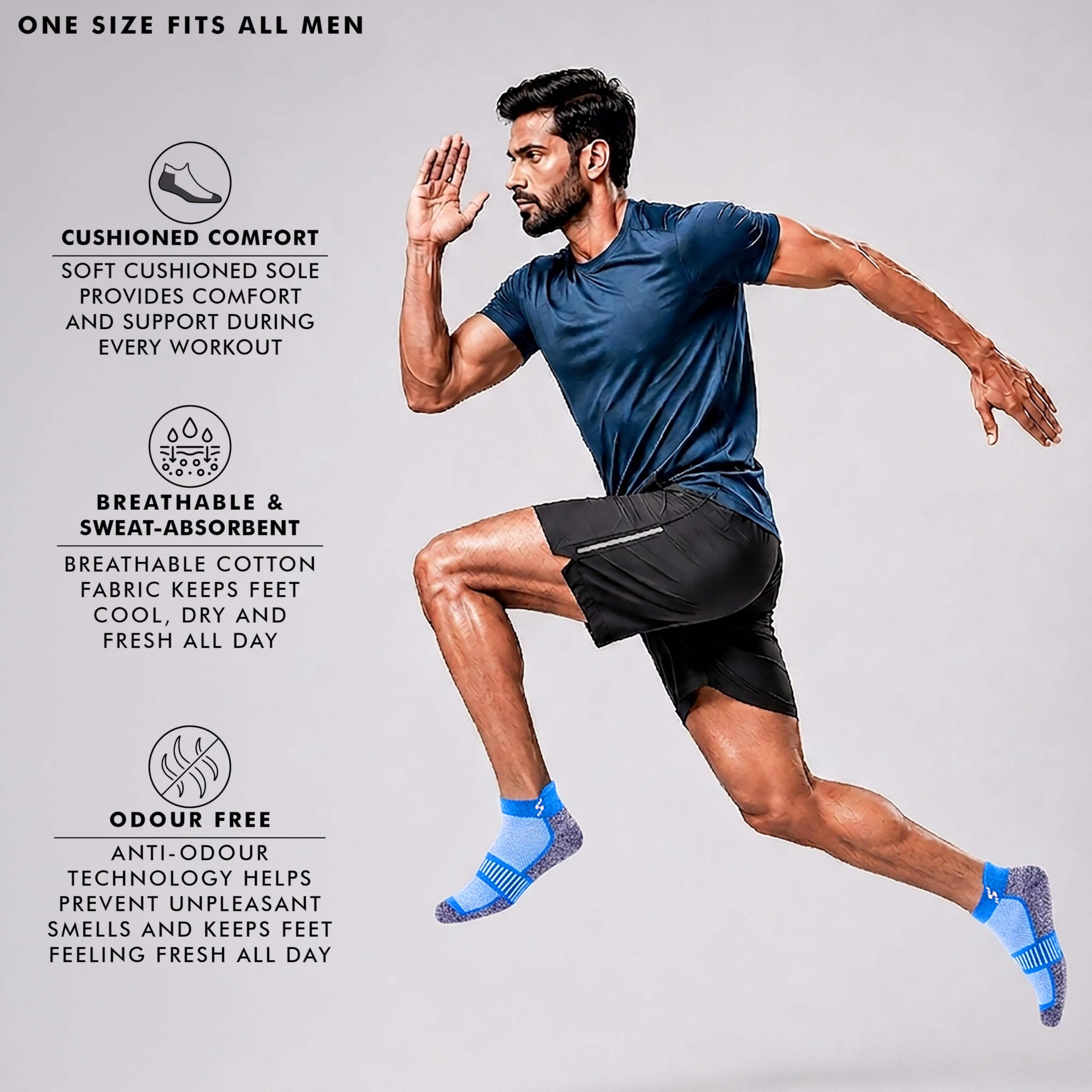 Supersox Ankle Length Socks for Man | Combed Cotton | Durable & Breathable | Anti-Odor & Antibacterial | Blue, Grey, Yellow | Free Size | Pack of 3
