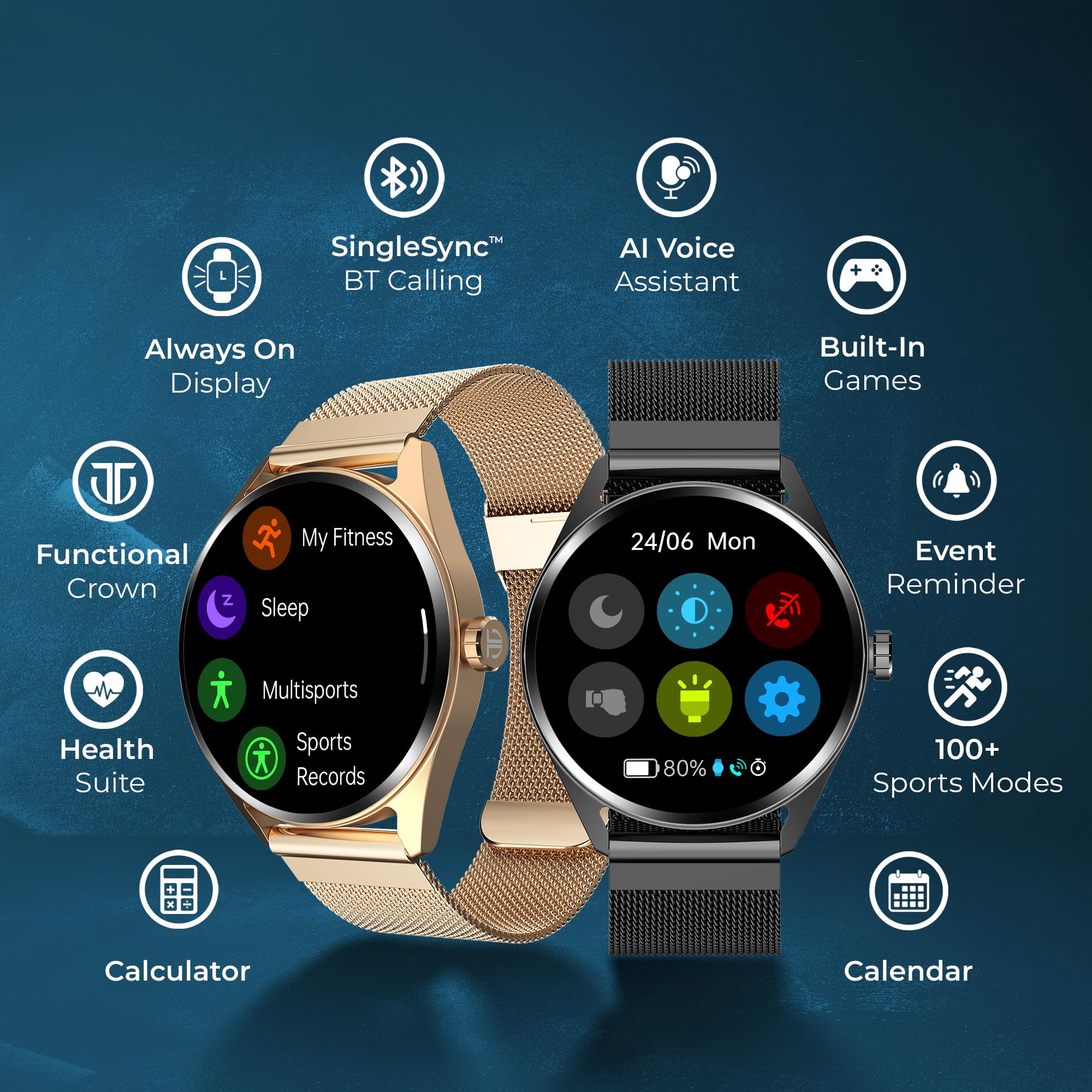 Titan Crest 1.43” AMOLED Smart Watch with BT Calling, AI Morning Briefs, Functional Crown, Health Tracking, Aluminium Body, 100+ Sports Modes, Smartwatch for Men and Women - Black Silicone Strap