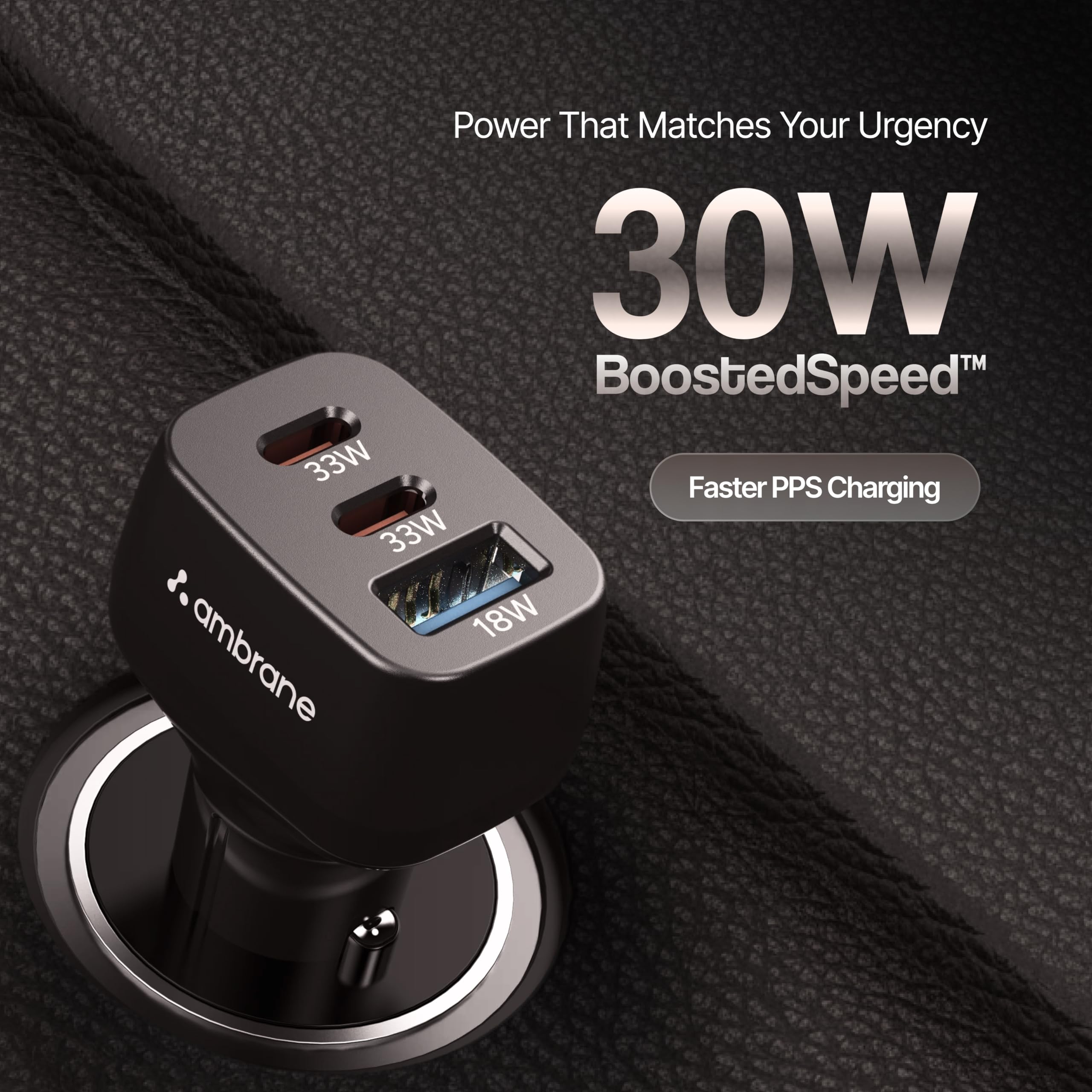 Ambrane 84W Triple Output Fast Car Charger with 2 Type-C & 1 USB, 33W Type C Charging with PD, Fast Charging Adapter Compatible with Cars for iPhone & Android Smartphones (Charge C84,Black)