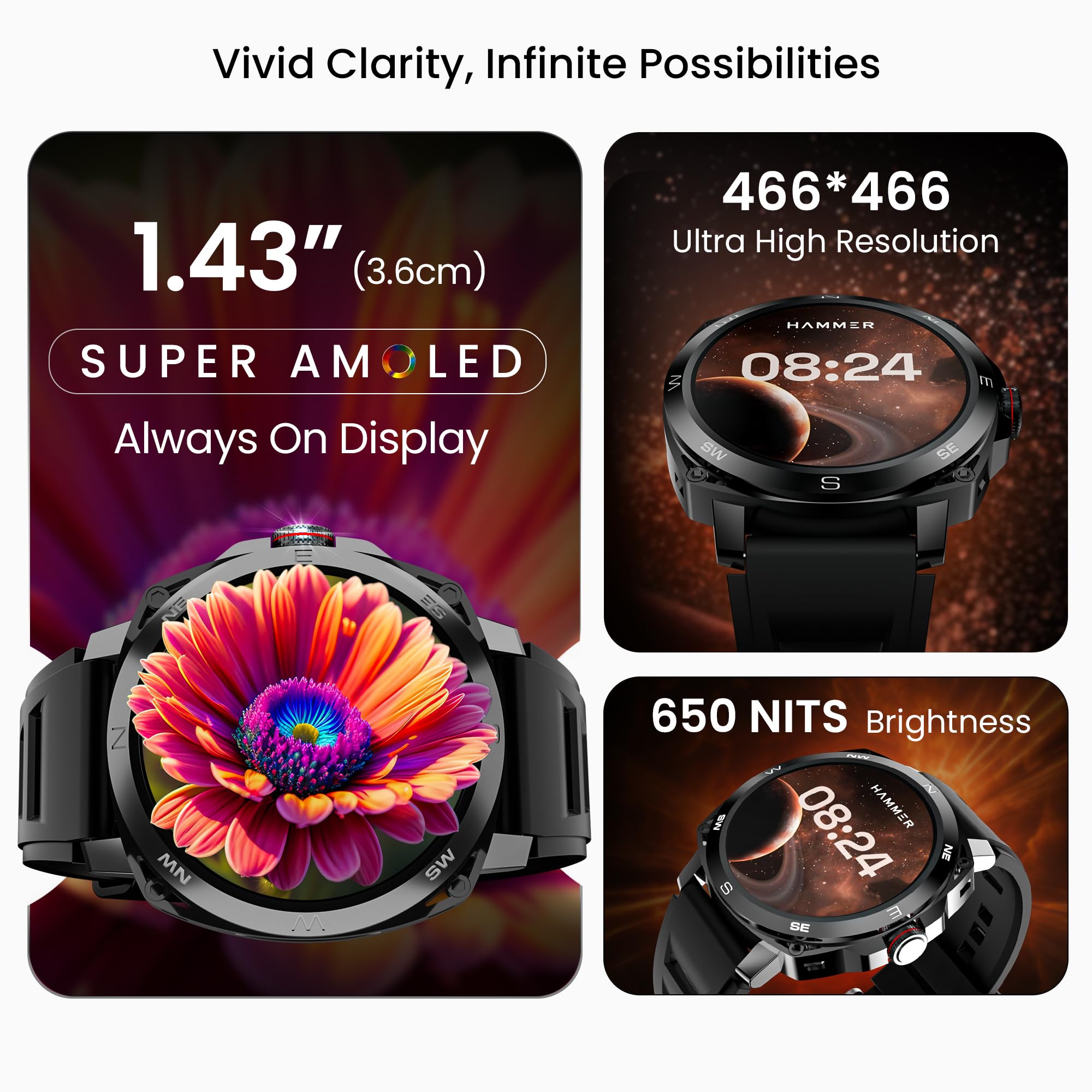 HAMMER Fit Pro 1.43" Super AMOLED Display Smart Watch Round Dial with Bluetooth Calling, Metallic Build, Always on Display, Multi Sports Modes (Black)