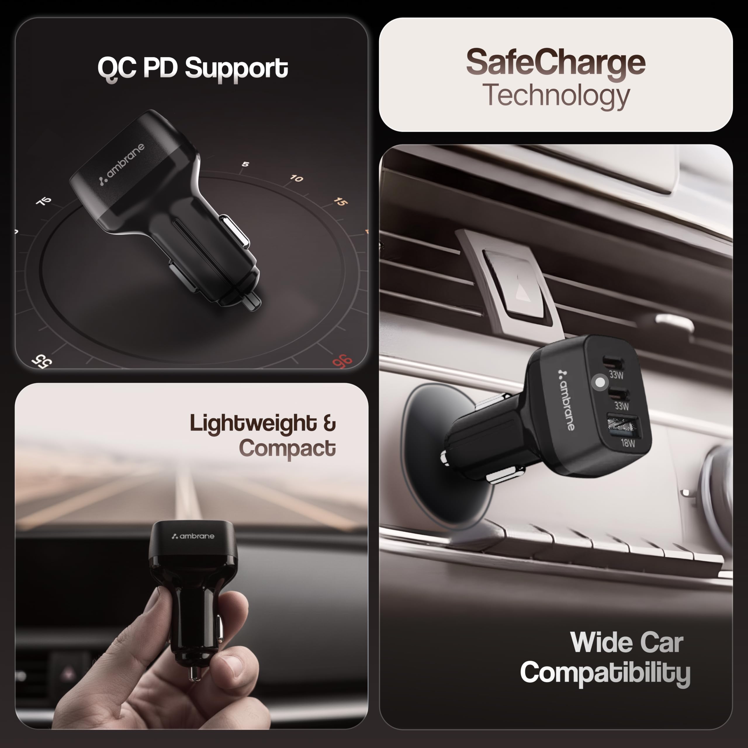 Ambrane 84W Triple Output Fast Car Charger with 2 Type-C & 1 USB, 33W Type C Charging with PD, Fast Charging Adapter Compatible with Cars for iPhone & Android Smartphones (Charge C84,Black)