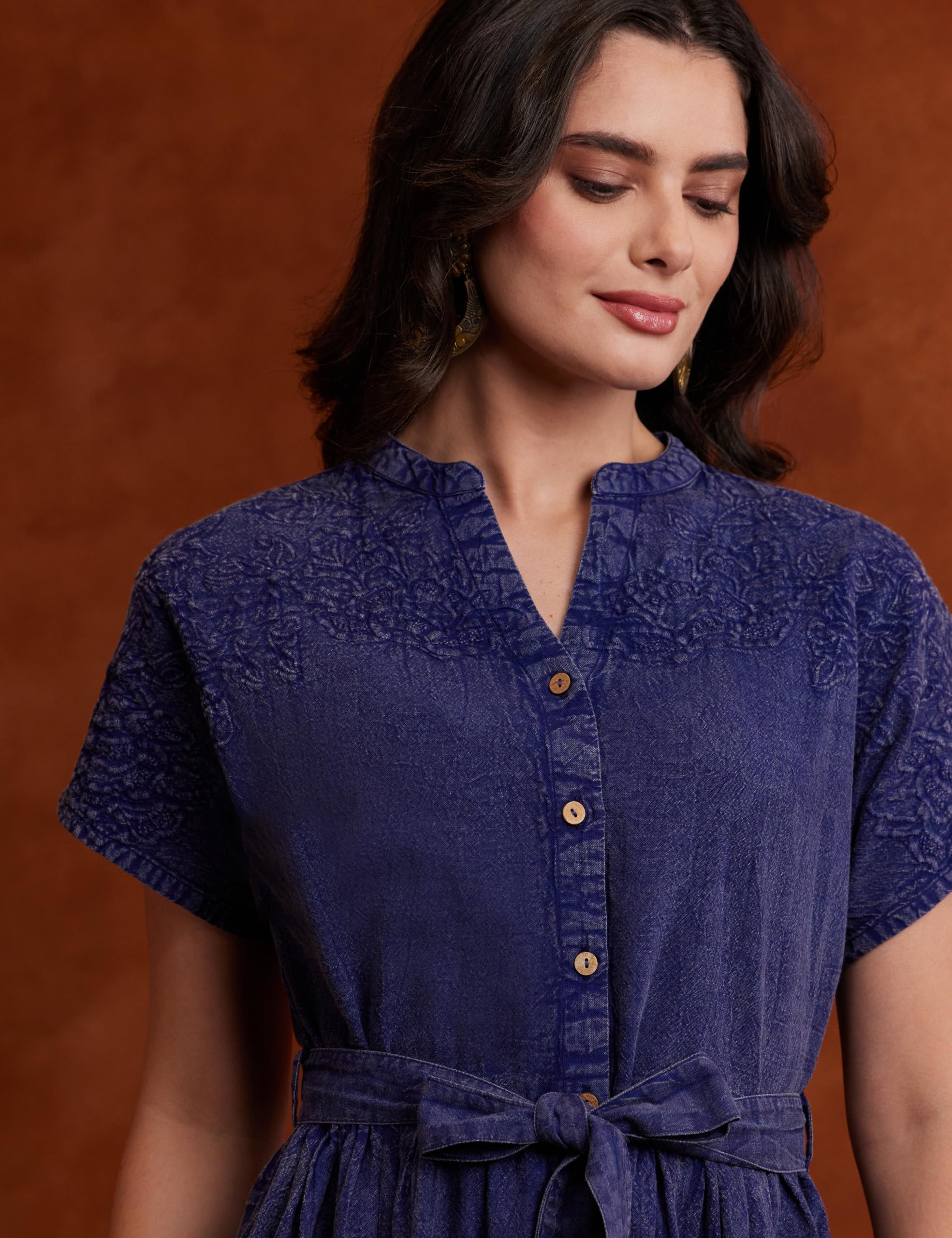 Myx Women's Embroidered Shirt Dress | Cotton Blend | Below The Knee (Available in Plus Sizes)