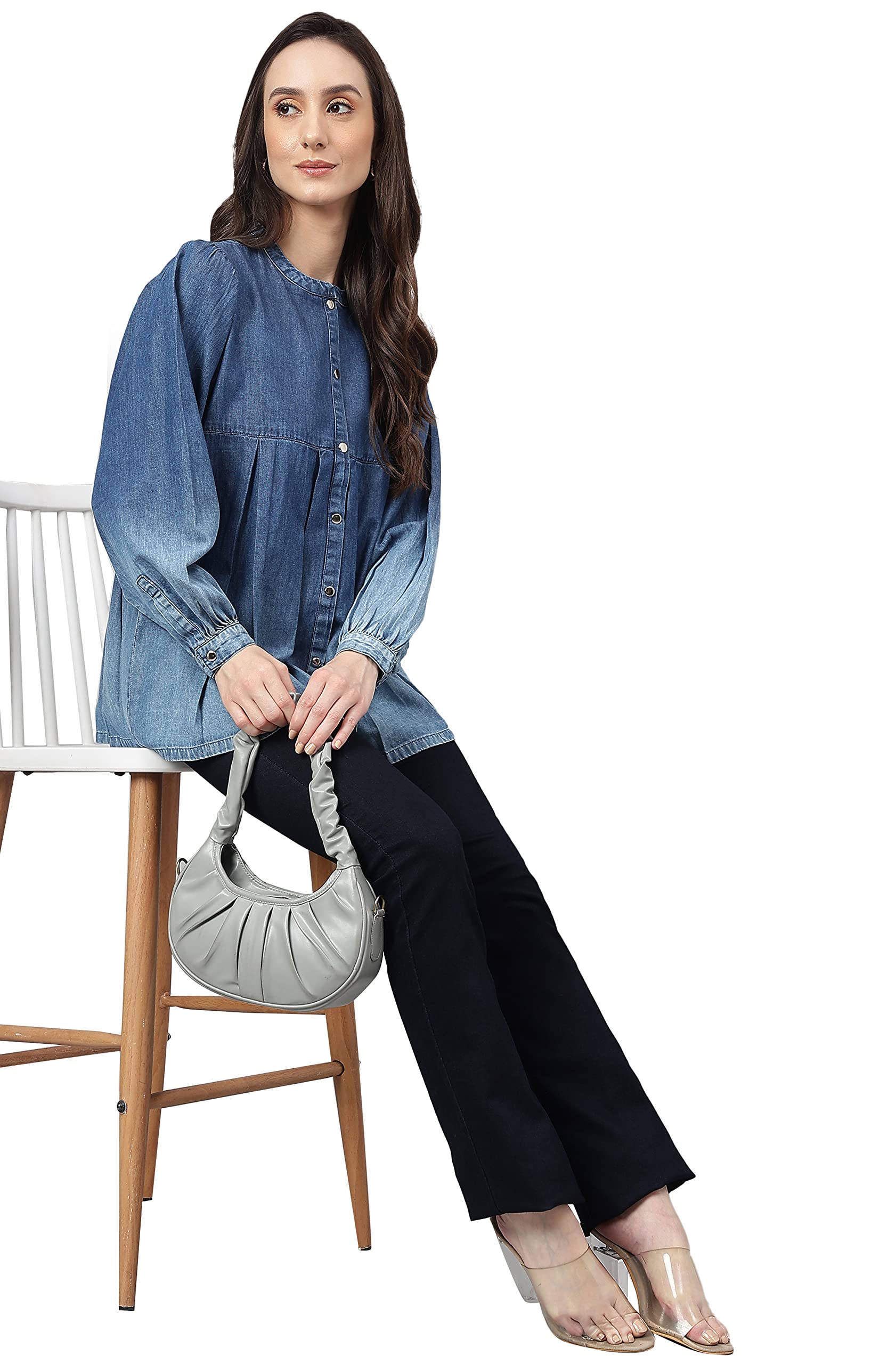 Women's Blue Denim Faded Flared Top(JNE4078-TP-M)