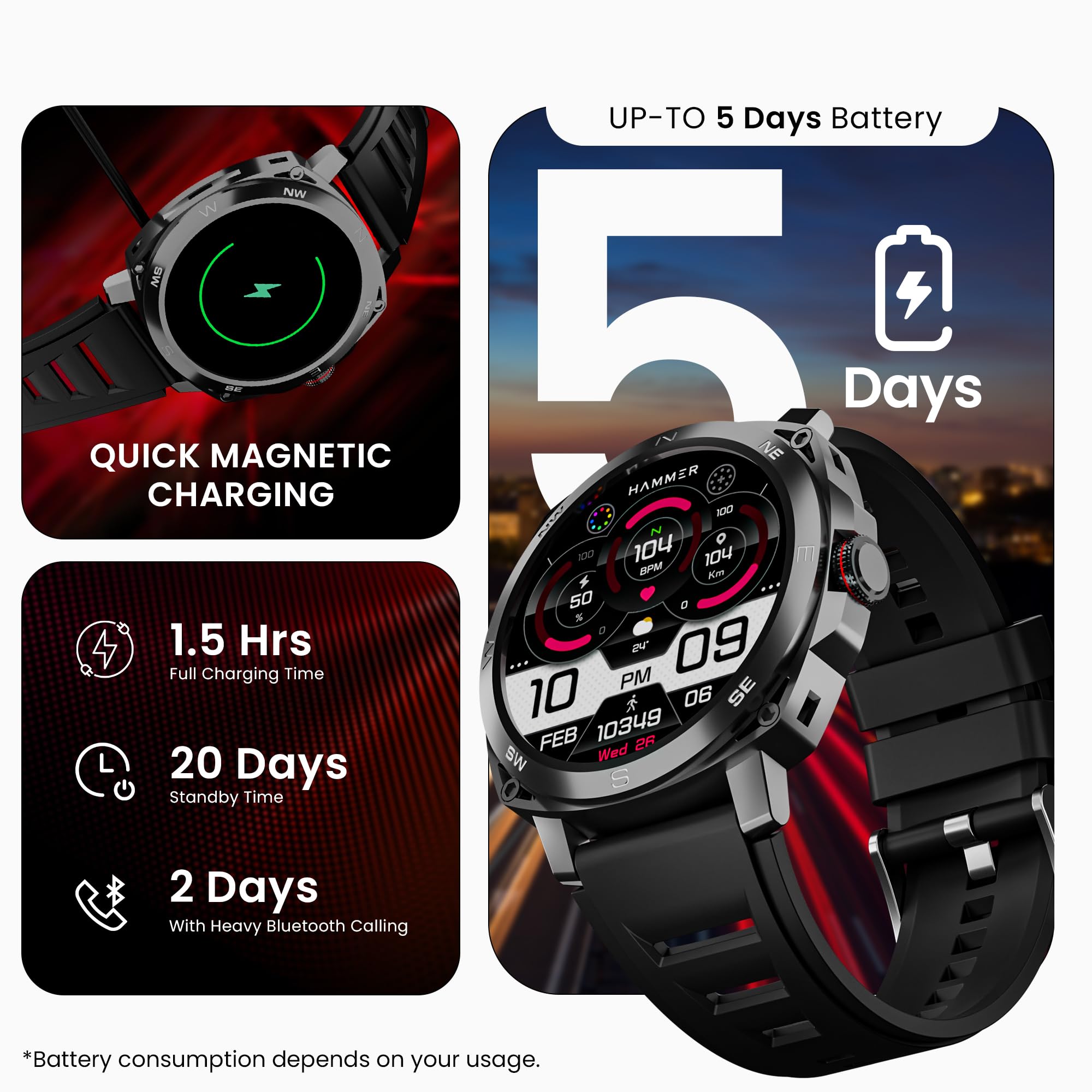 HAMMER Fit Pro 1.43" Super AMOLED Display Smart Watch Round Dial with Bluetooth Calling, Metallic Build, Always on Display, Multi Sports Modes (Black)