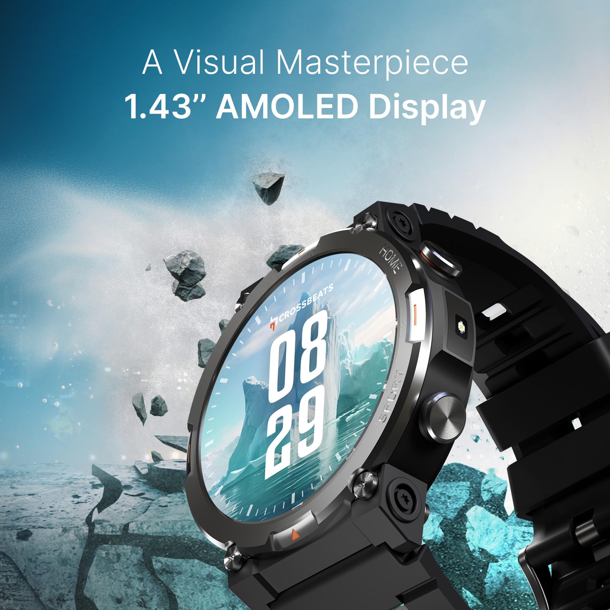 CrossBeats Everest 2.0 Smart Watch, 1.43" True AMOLED, Always ON Display Bluetooth Calling Rugged Outdoor with Flash Light Upto 15 Days Battery Life Smartwatch 100+ Sports Mode (Black)