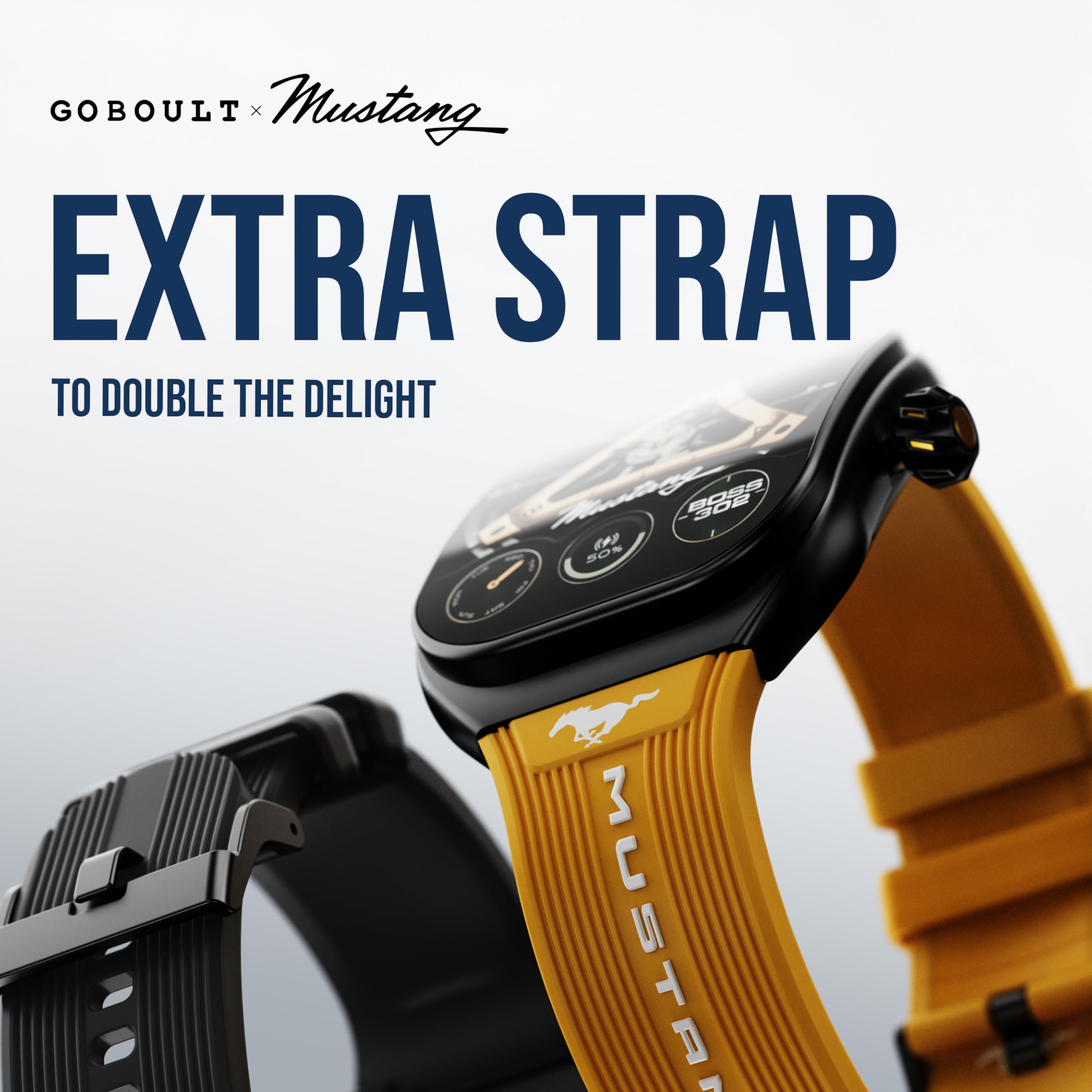 GOBOULT Mustang Muscle Smart Watch 2.01'' 3D Curved Display, Convertible Strap, Premium Metallic Crown, BT Calling, 600 Nits Brightness, AI Voice Assistant, IP68 (Extra Strap, Black Eclipse)